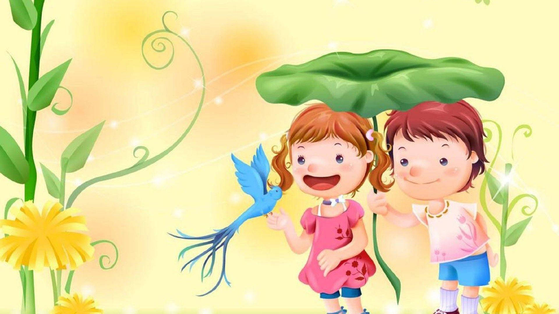 小孩動圖 桌布 壁紙 — 兩個快樂的卡通小孩在一片巨大的綠葉下玩耍，一隻藍色小鳥棲息在其中一個小孩的手上。
