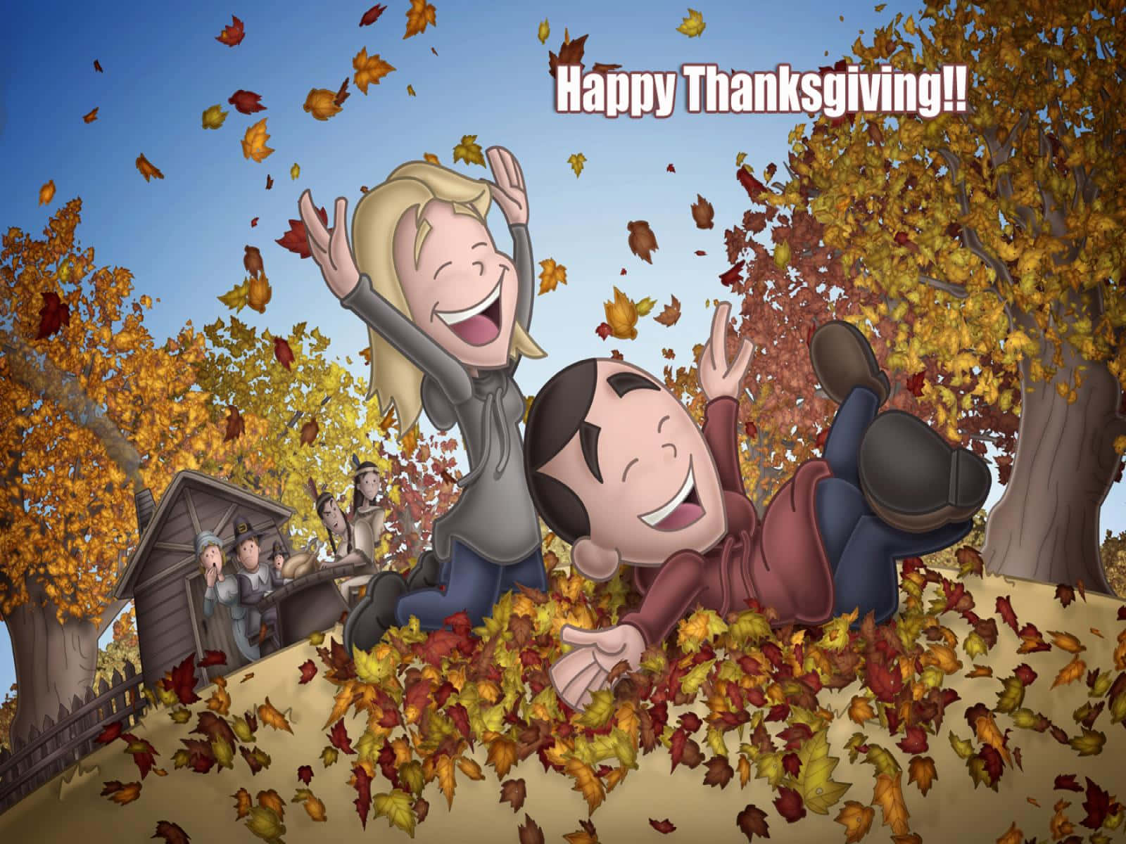 Funny Thanksgiving 桌布 壁紙 — 兩個快樂的卡通小孩在金色樹下翻滾進充滿活力的秋季落葉堆中，開懷大笑。