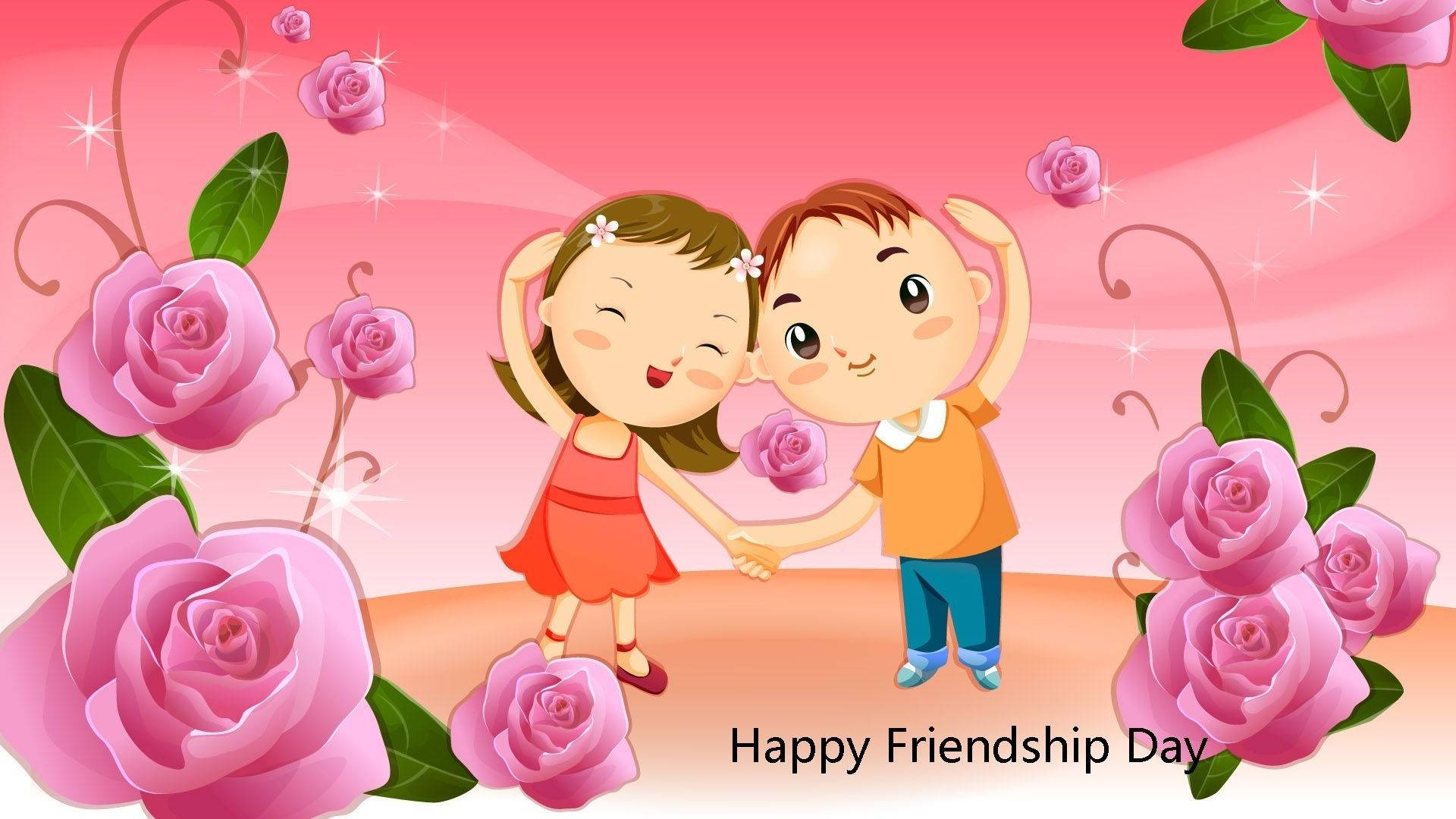 Friendship Day 桌布 壁紙 — 兩個快樂的卡通小孩手牽手，被粉紅玫瑰和閃爍星星包圍，背景是柔和的粉紅漸變色。
