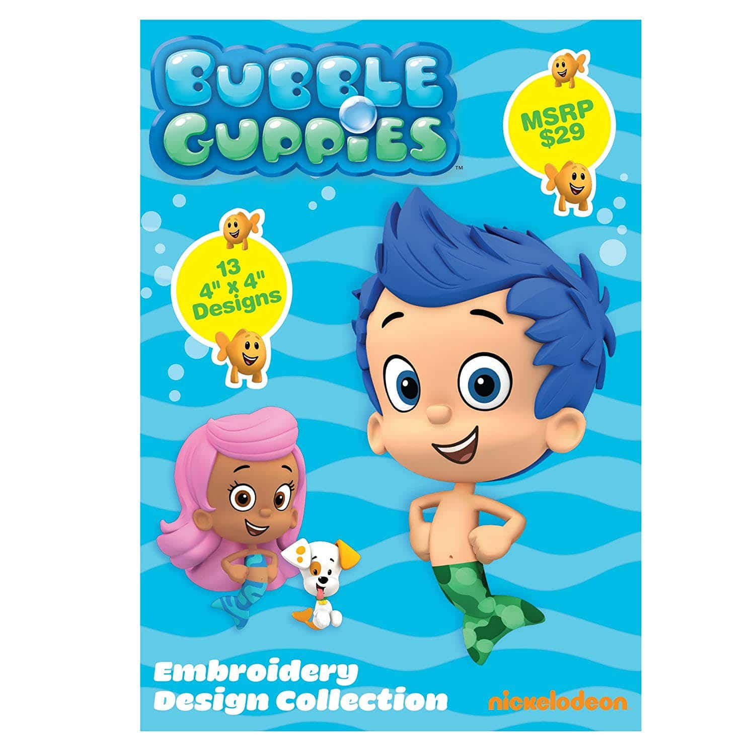 Bubble Guppies 桌布 壁紙 — 兩個快樂的卡通美人魚小孩和一隻狗在明亮的藍色泡泡海洋中快樂地游泳，帶有「Bubble Guppies」標誌。