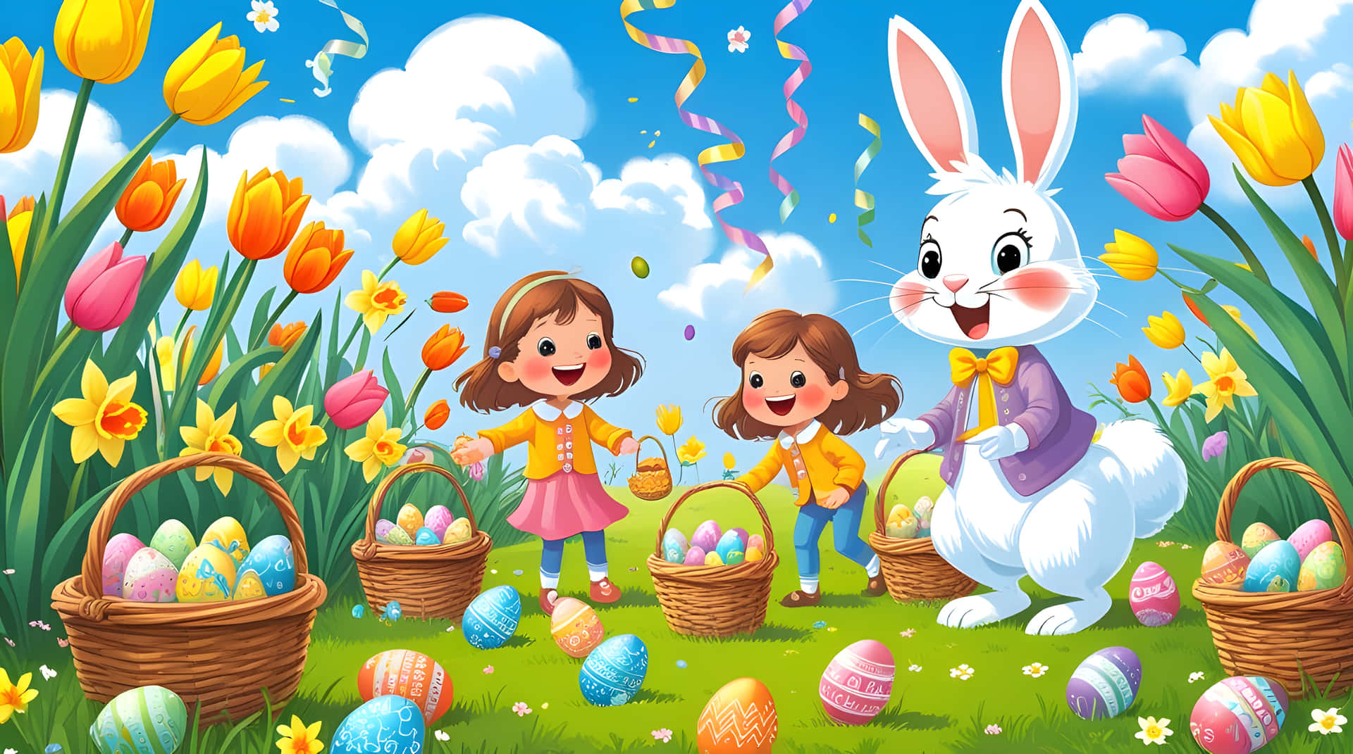Happy easter day 壁紙 — 兩個快樂的女孩穿著黃色外套，與一隻開心的白兔在充滿活力的春天草地上收集彩色復活蛋。