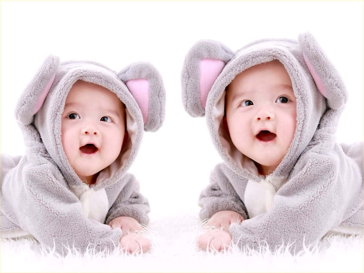 twins 桌布 壁紙 — 兩個快樂的嬰兒穿著毛茸茸的灰色大象連身衣，躺在白色毛皮上，張開嘴巴，露出驚喜的表情。