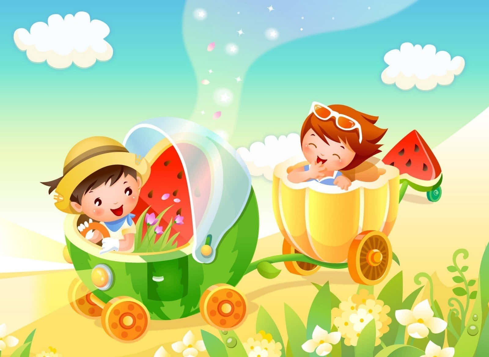 All Cartoon Characters 桌布 壁紙 — 兩個快樂的孩子乘坐奇特的西瓜和南瓜車，穿過陽光明媚的草地，在粉彩天空下。