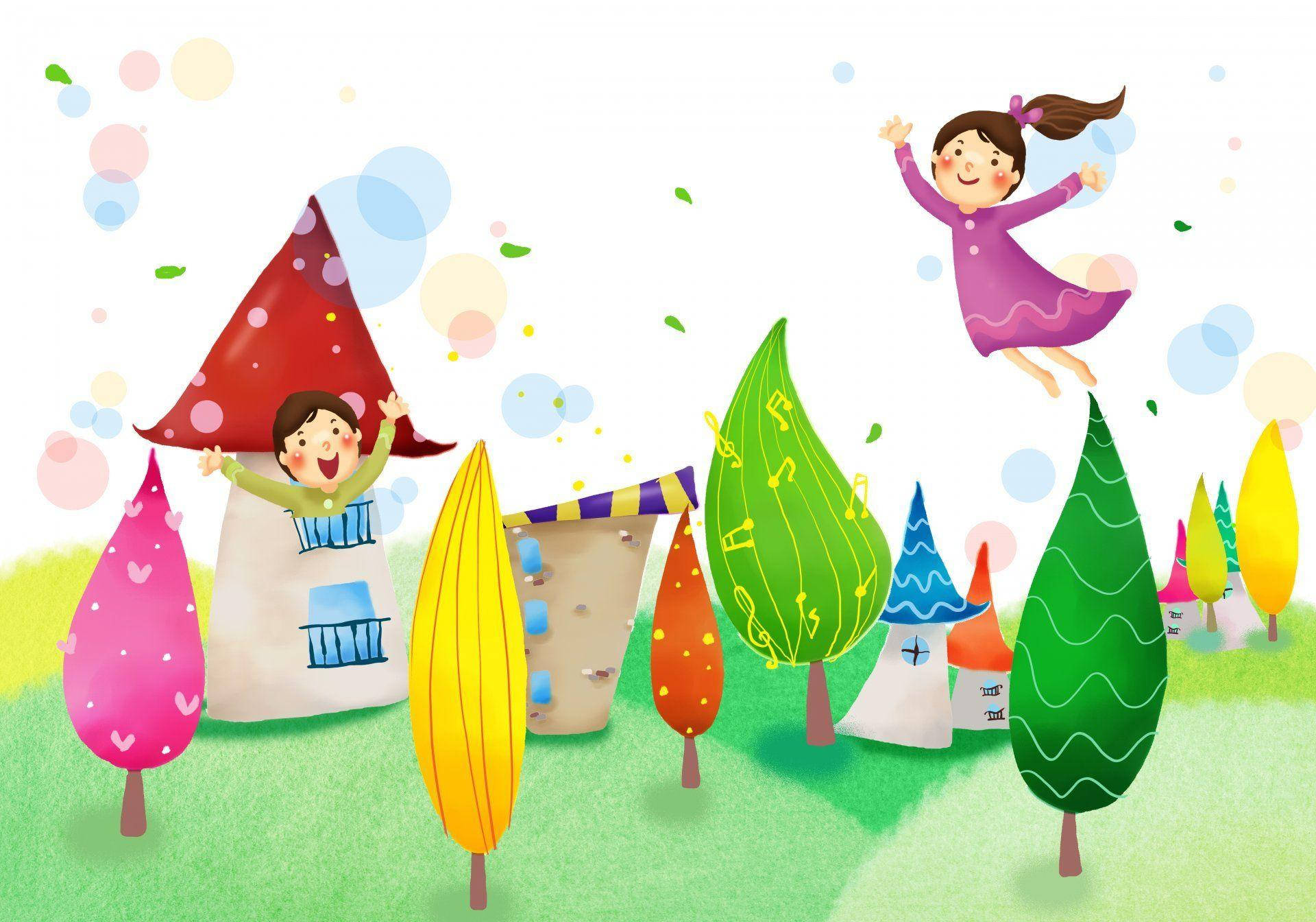 小孩動圖 桌布 壁紙 — 兩個快樂的孩子在色彩繽紛的樹木和音符中，從奇幻的蘑菇屋跳躍揮手。