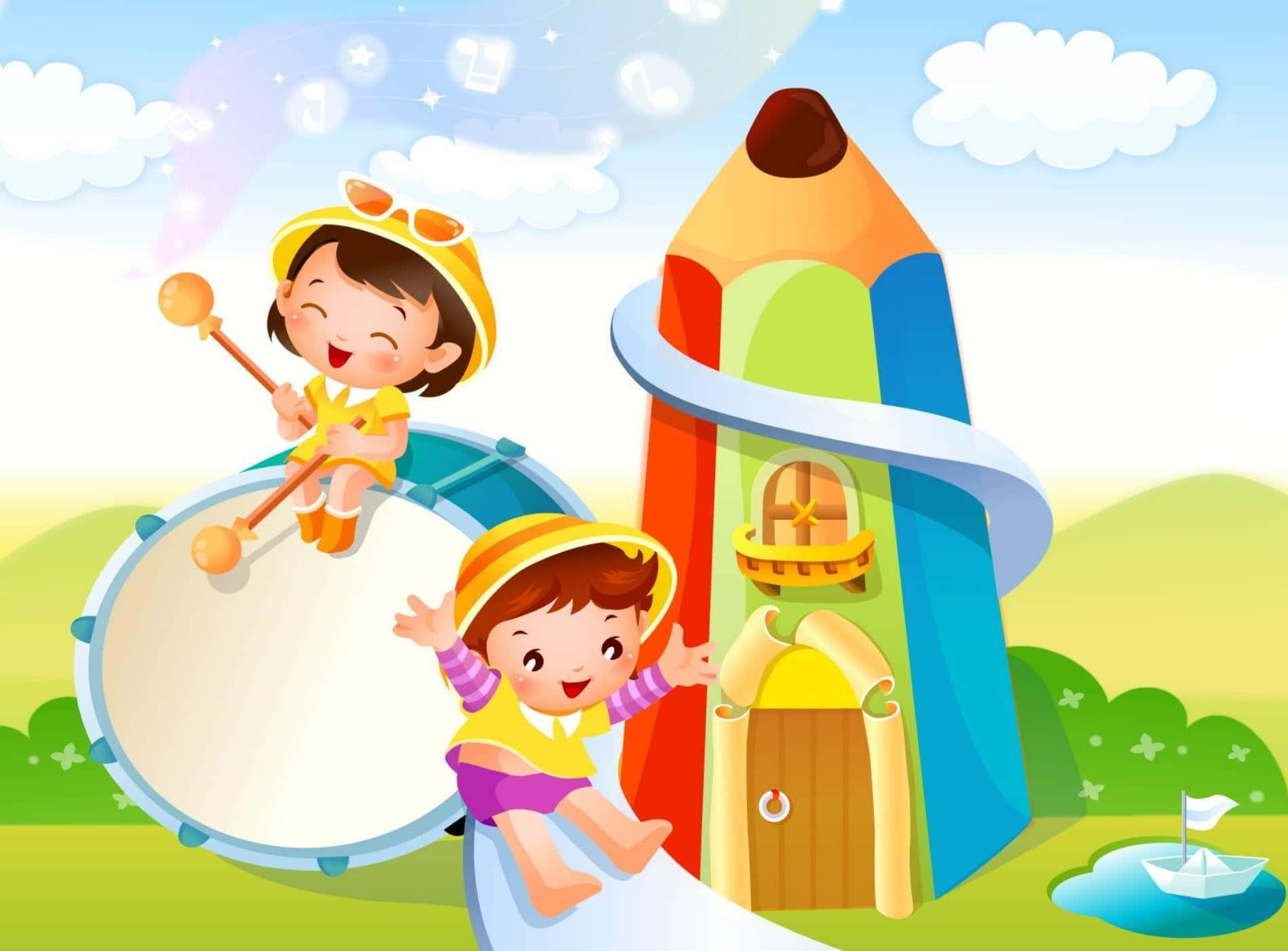 小孩動圖 桌布 壁紙 — 兩個快樂的孩子在陽光明媚的草地上演奏音樂，並從一個巨大的彩色鉛筆城堡滑下來。