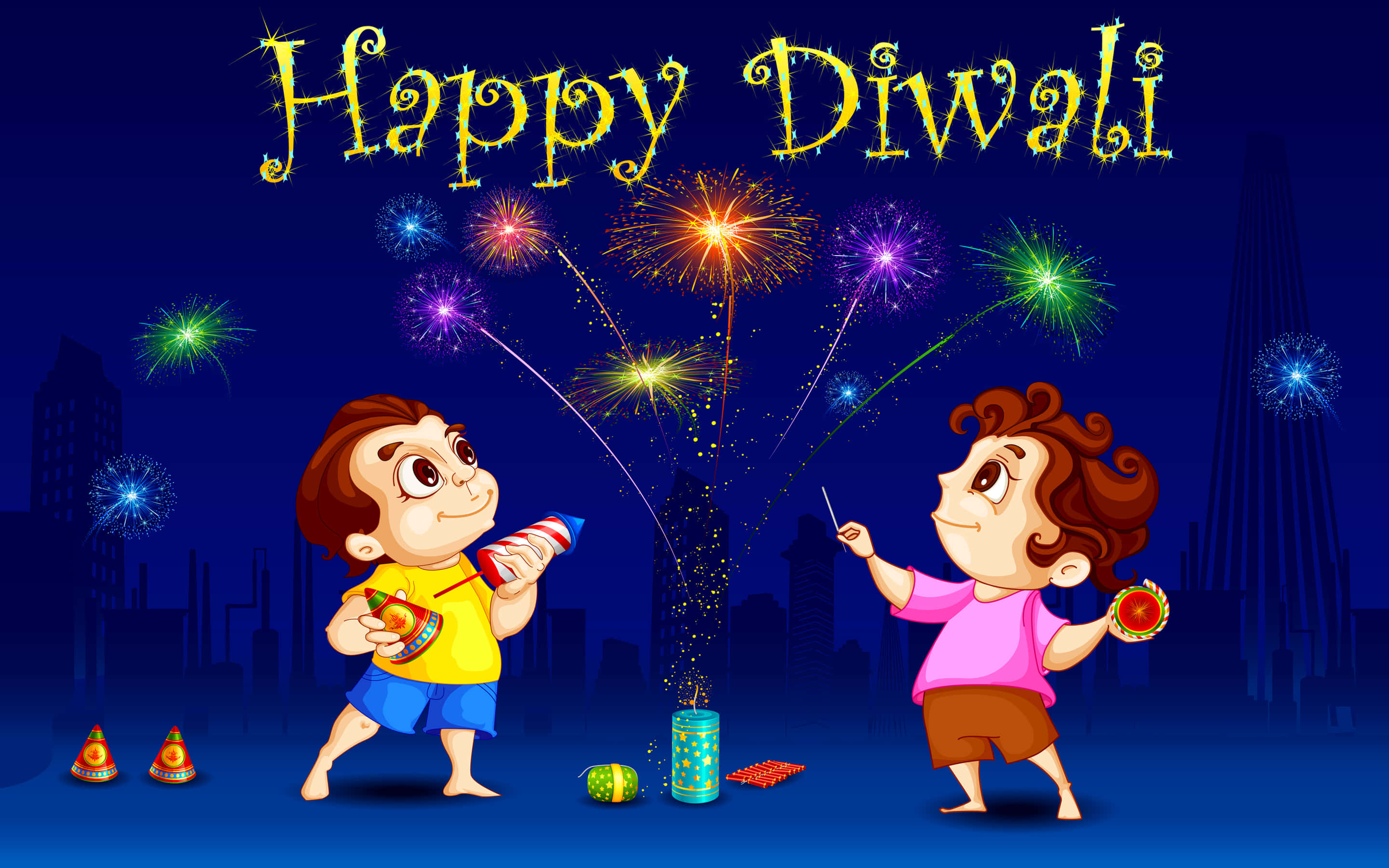 Happy Diwali 桌布 壁紙 — 兩個快樂的孩子在黑暗的城市天際線下，在「Happy Diwali」橫幅下用五彩繽紛的煙火慶祝排燈節。