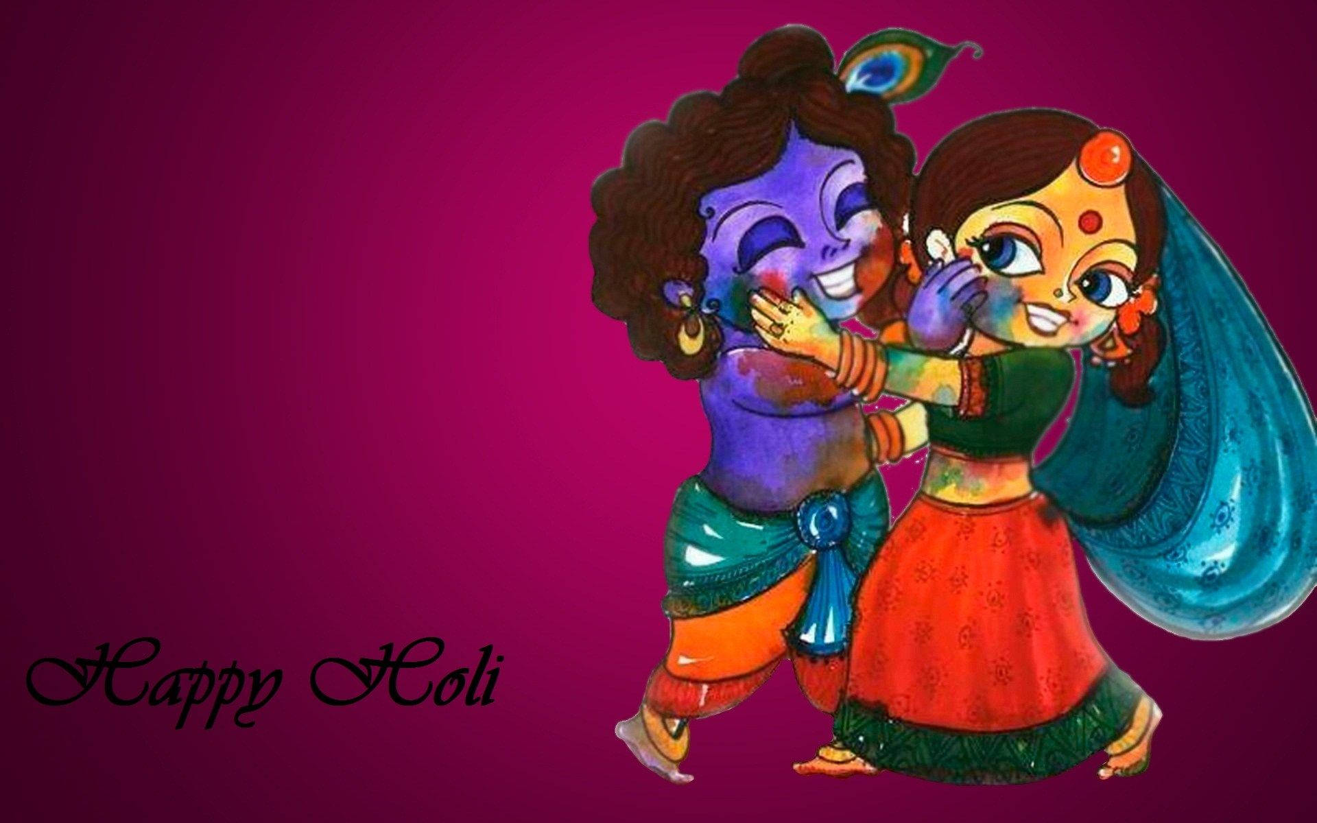 animated krishna 桌布 壁紙 — 兩個快樂的孩子身上沾滿彩色粉末，在深洋紅色背景前互相潑水玩耍。