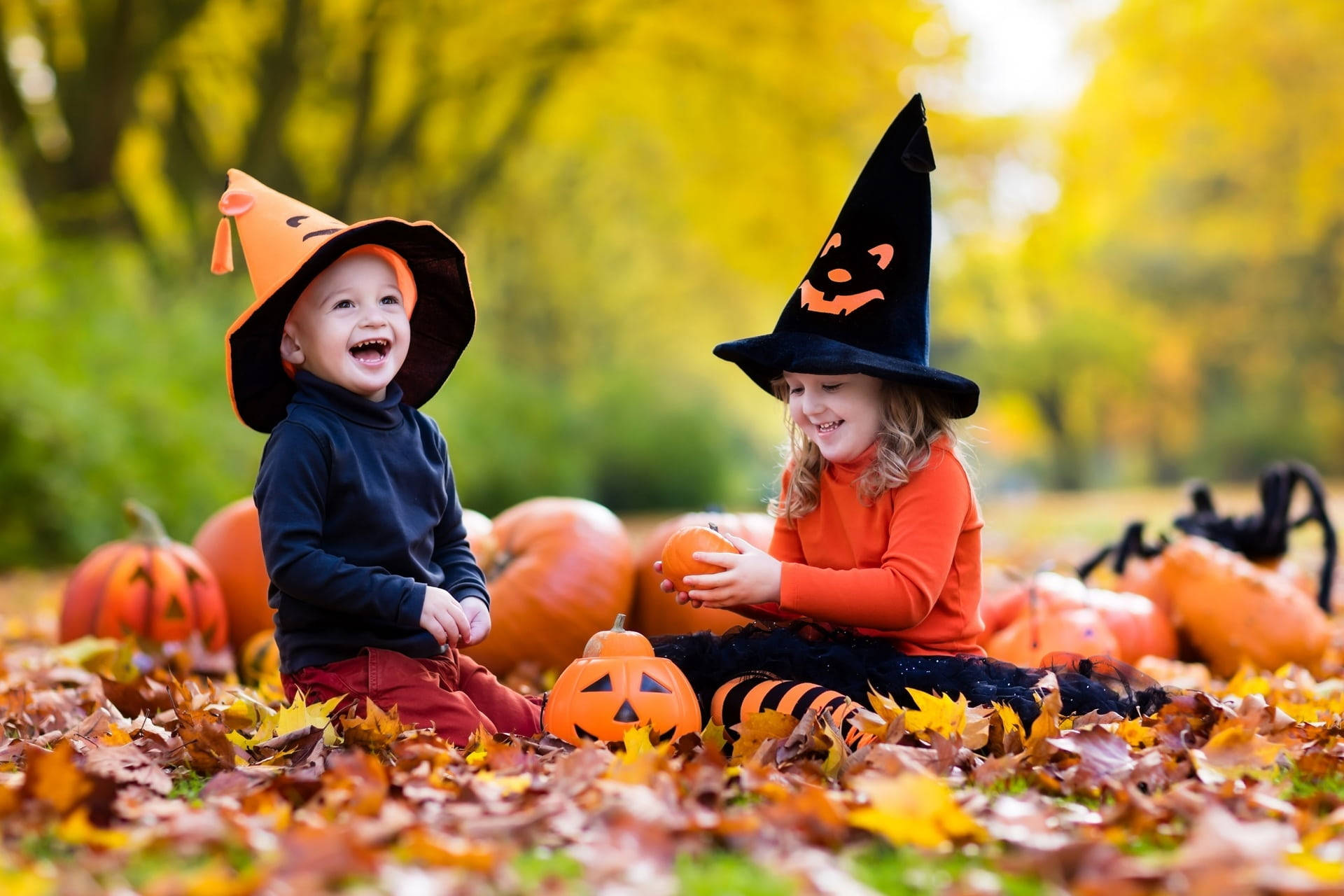 Cute Halloween Desktop 桌布 壁紙 — 兩個快樂的小孩穿著萬聖節女巫和巫師服裝，坐在陽光普照的公園裡，周圍有南瓜和秋葉。