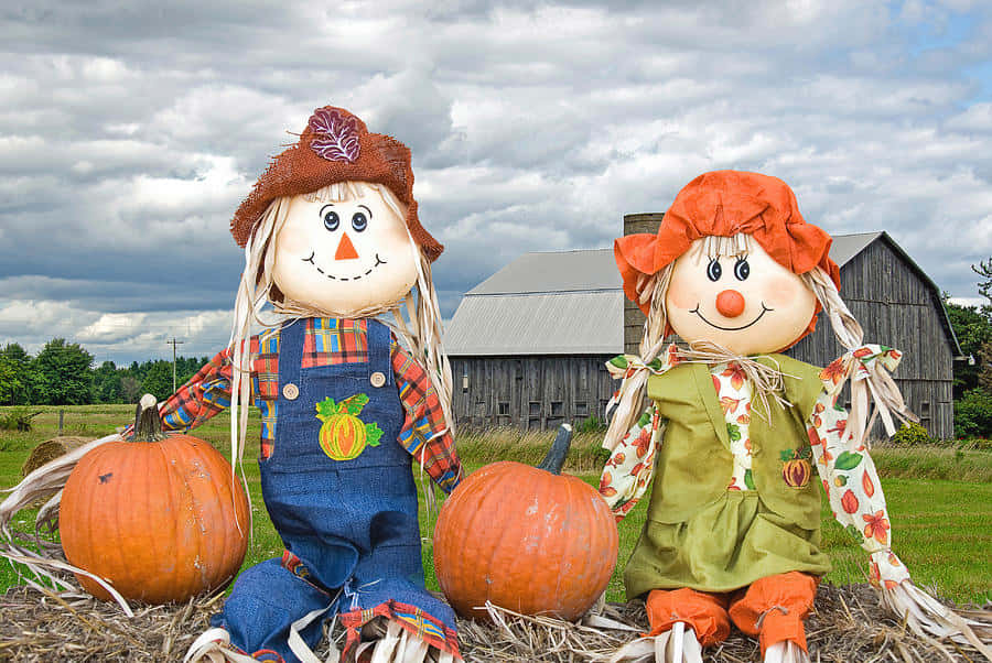 Fall Scarecrow 桌布 壁紙 — 兩個快樂的稻草人公仔帶著南瓜坐在田間，前面是質樸的穀倉，天空多雲。