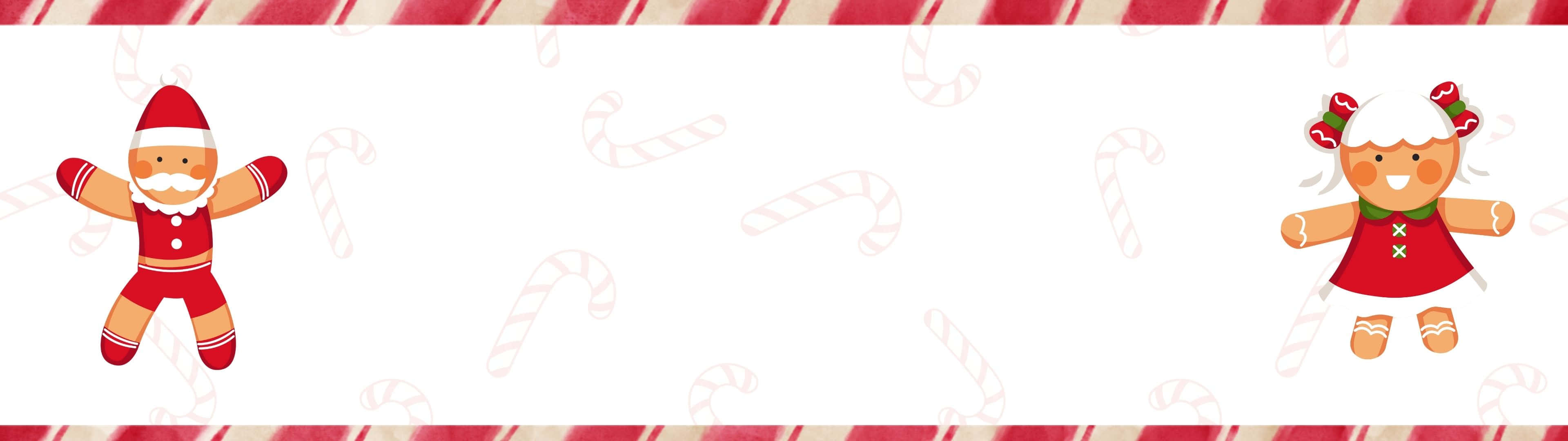 3840X1080 桌布 壁紙 — 兩個快樂的薑餅人穿著節日紅色服裝，站在有條紋邊框的糖果棒圖案橫幅上。