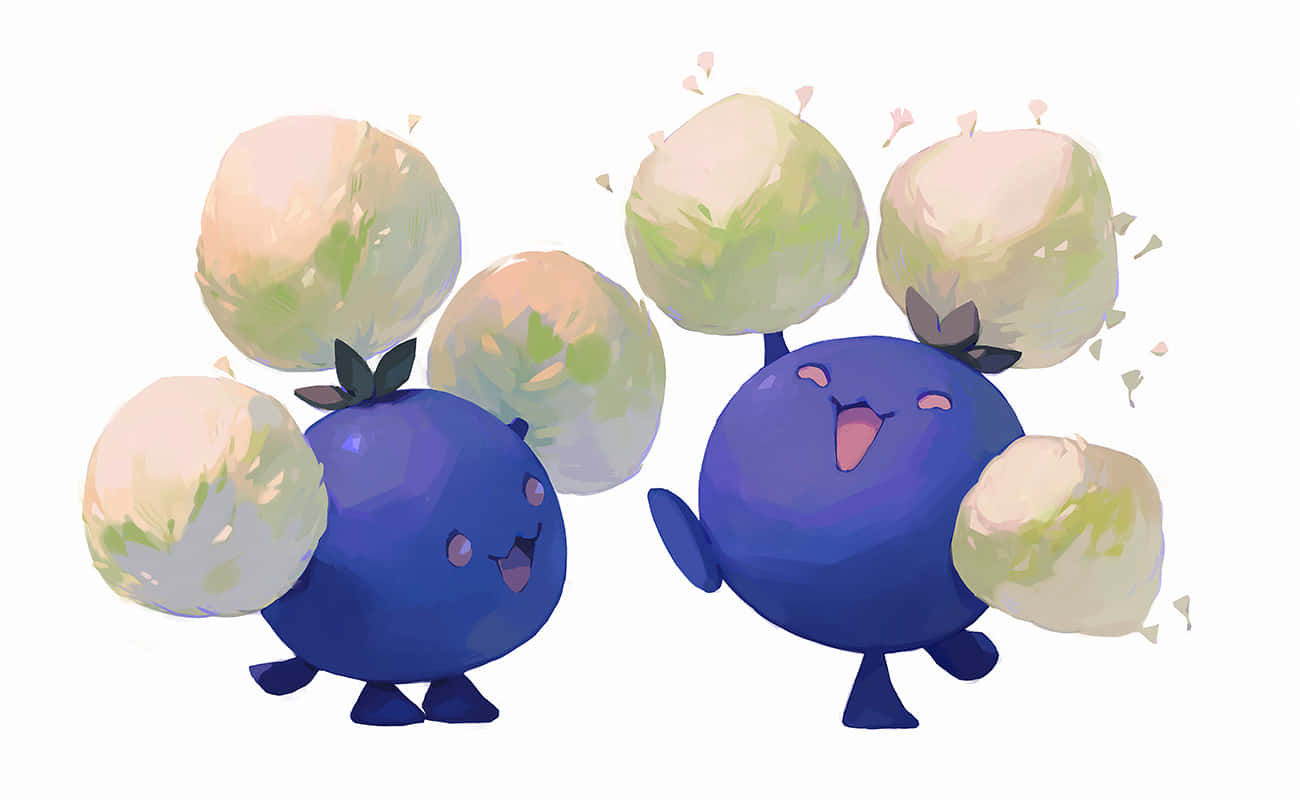 Pokemon Aesthetic 桌布 壁紙 — 兩個快樂的藍莓生物在異想天開的數位插圖中愉快地拋擲粉綠色和蜜桃色的球體。