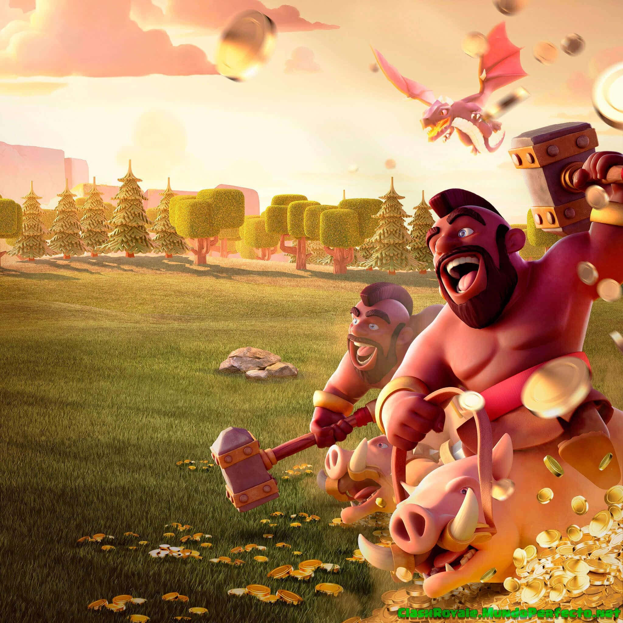 Clash Royale 桌布 壁紙 — 兩個快樂的野蠻戰士騎著野豬穿過草地，金幣飛舞，一條龍在夕陽下翱翔於頭頂。