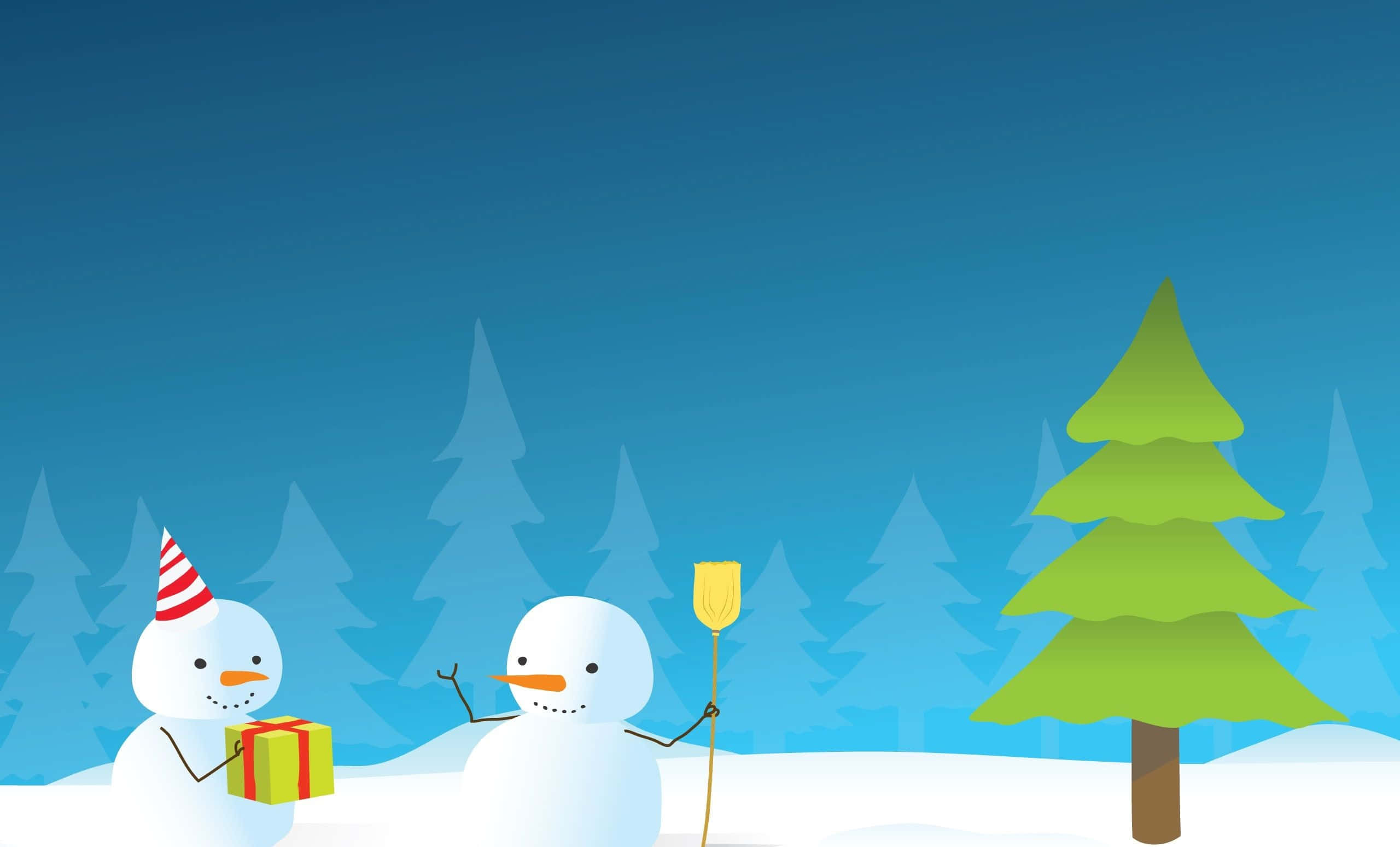 Winter Holiday 桌布 壁紙 — 兩個快樂的雪人站在雪白的森林中，一個拿著禮物，另一個拿著黃色鬱金香，背景是晴朗的藍天。
