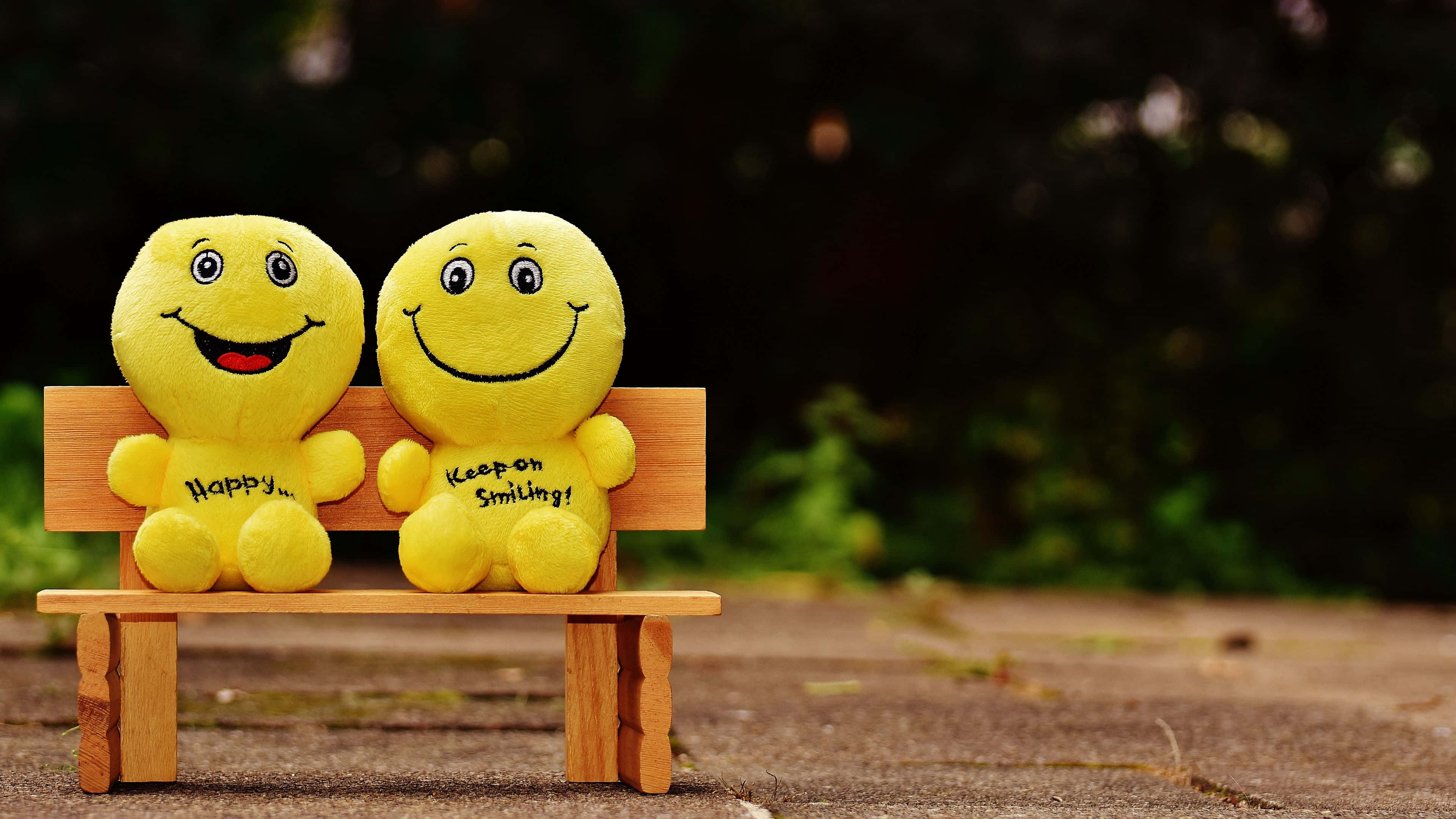 Smile 桌布 壁紙 — 兩個快樂的黃色笑臉毛絨玩具並排坐在一個柔和模糊的花園環境中的木長椅上。