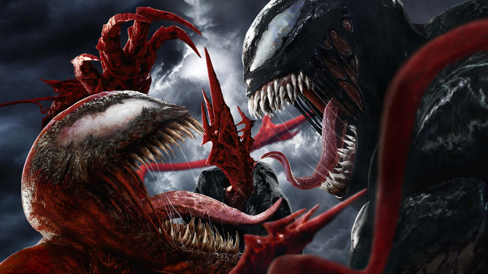 Maximum Carnage 桌布 壁紙 — 兩個怪物般的共生體在暴風雨的天空中碰撞，擁有鋒利的牙齒和扭動的觸手。