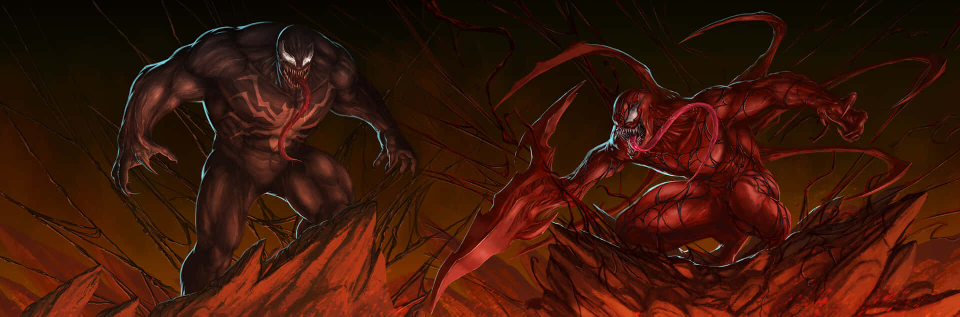 Cool Venom Vs Carnage 桌布 壁紙 — 兩個怪物般的共生體在火紅與黑色的戰鬥場景中碰撞，地形崎嶇，光線戲劇化。