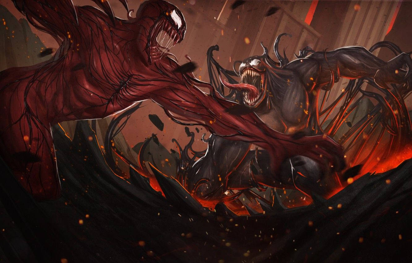 Venom Carnage 桌布 壁紙 — 兩個怪物般的共生體在破碎的瓦礫和發光的餘燼中進行激烈的戰鬥。