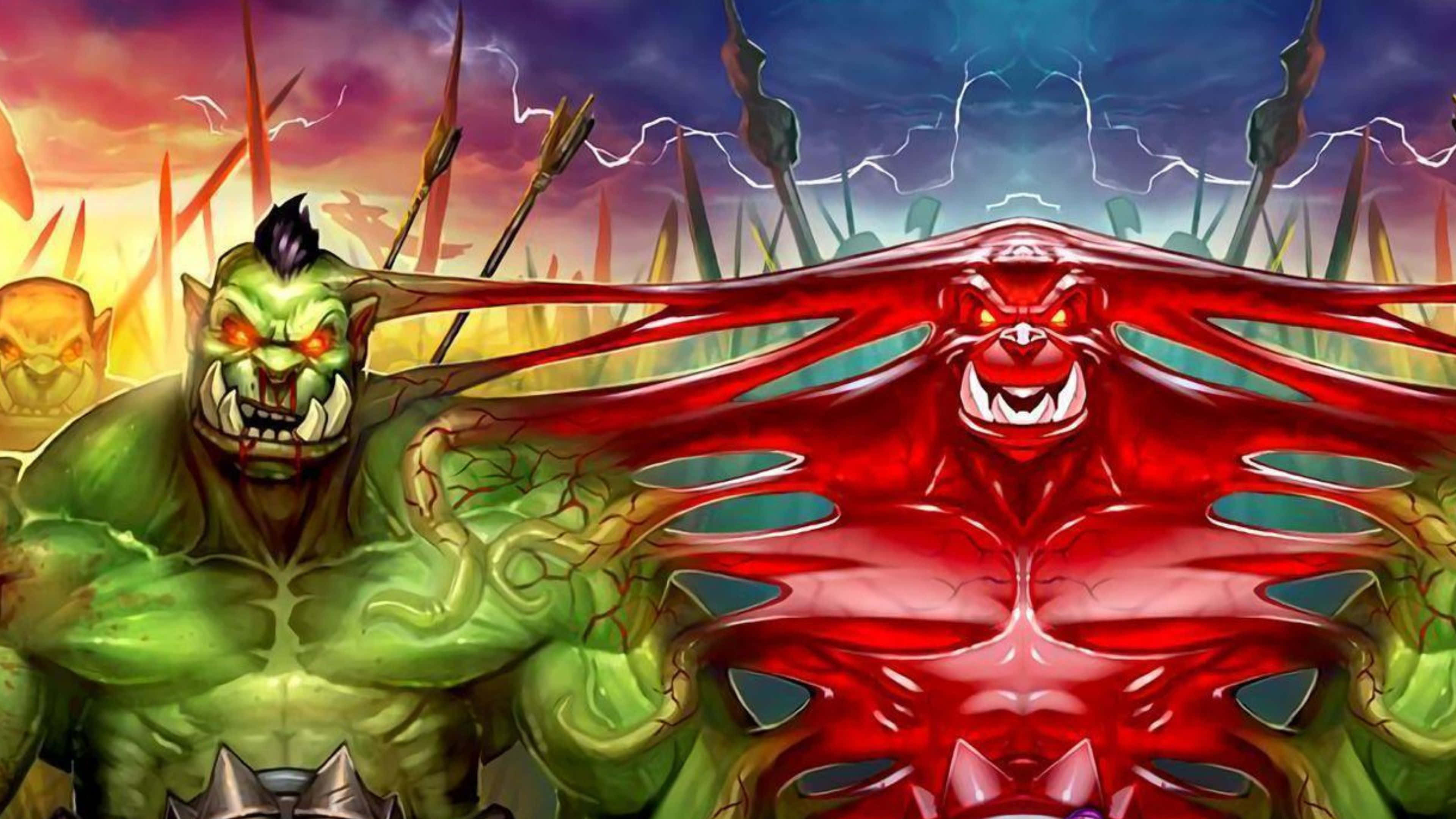Hearthstone 桌布 壁紙 — 兩個怪獸般的奇幻戰士，一個綠色一個紅色，眼睛發光，站在閃電下的暴風雨戰場上。