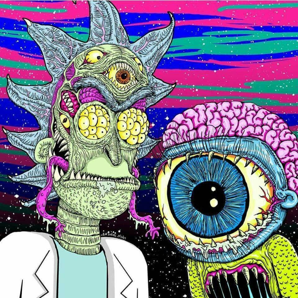 rick 桌布 壁紙 — 兩個怪異的外星生物，有多隻眼睛和大腦般的特徵，凝視著迷幻的宇宙背景。