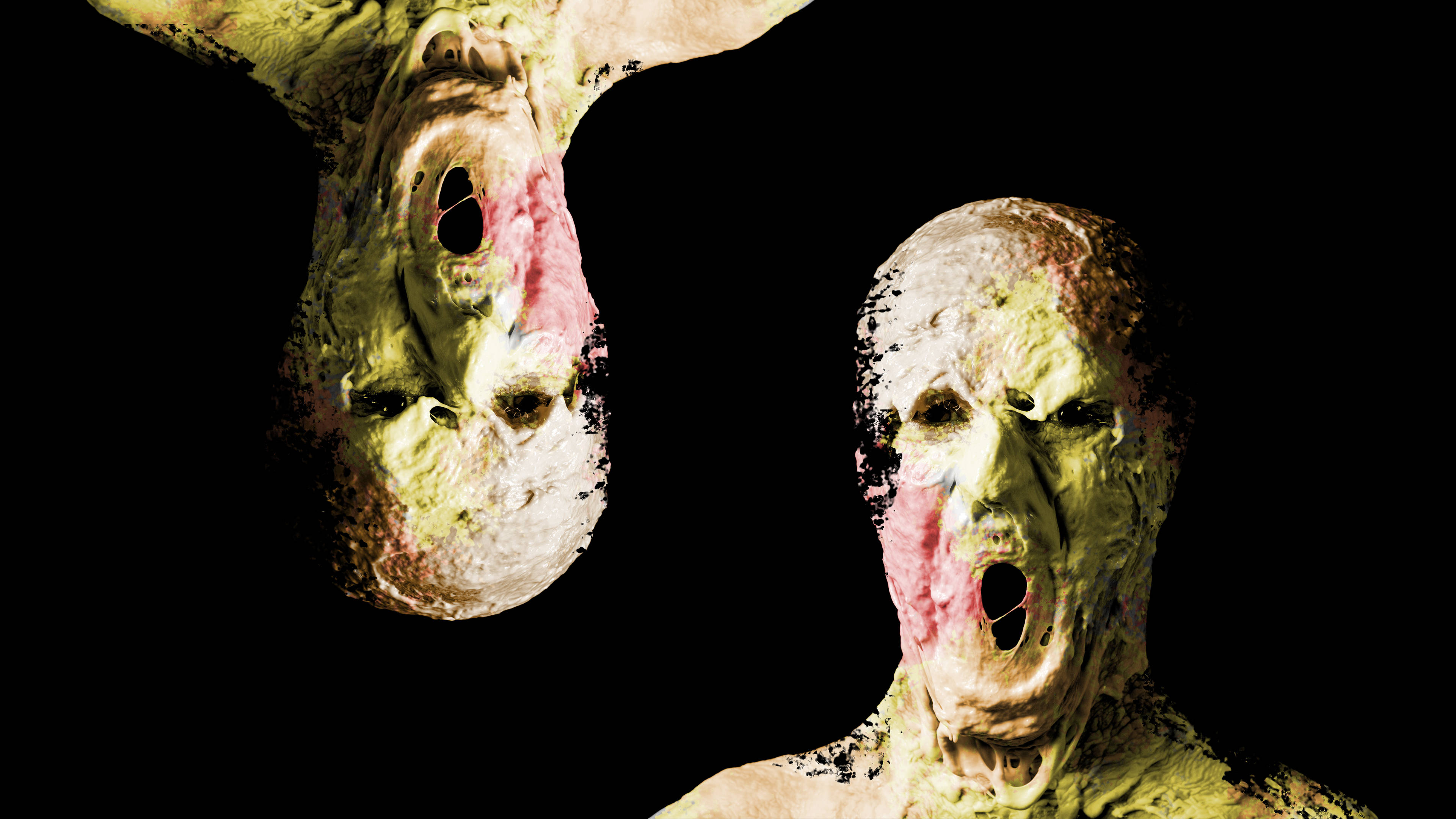 screaming 桌布 壁紙 — 兩個怪誕、腐爛的人形身影，張開大嘴，皮膚斑駁綠色，對著黑色虛空尖叫。