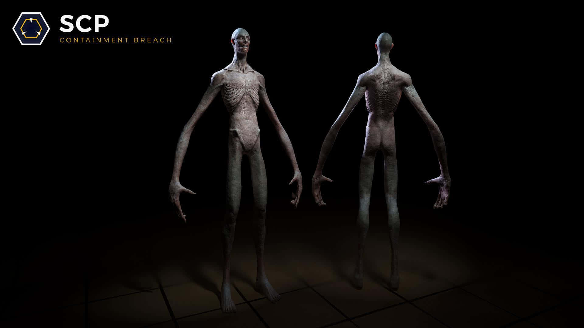 SCP 桌布 壁紙 — 兩個怪誕的人形身影，四肢細長，骨骼結構外露，背光站在深色瓷磚地板上。