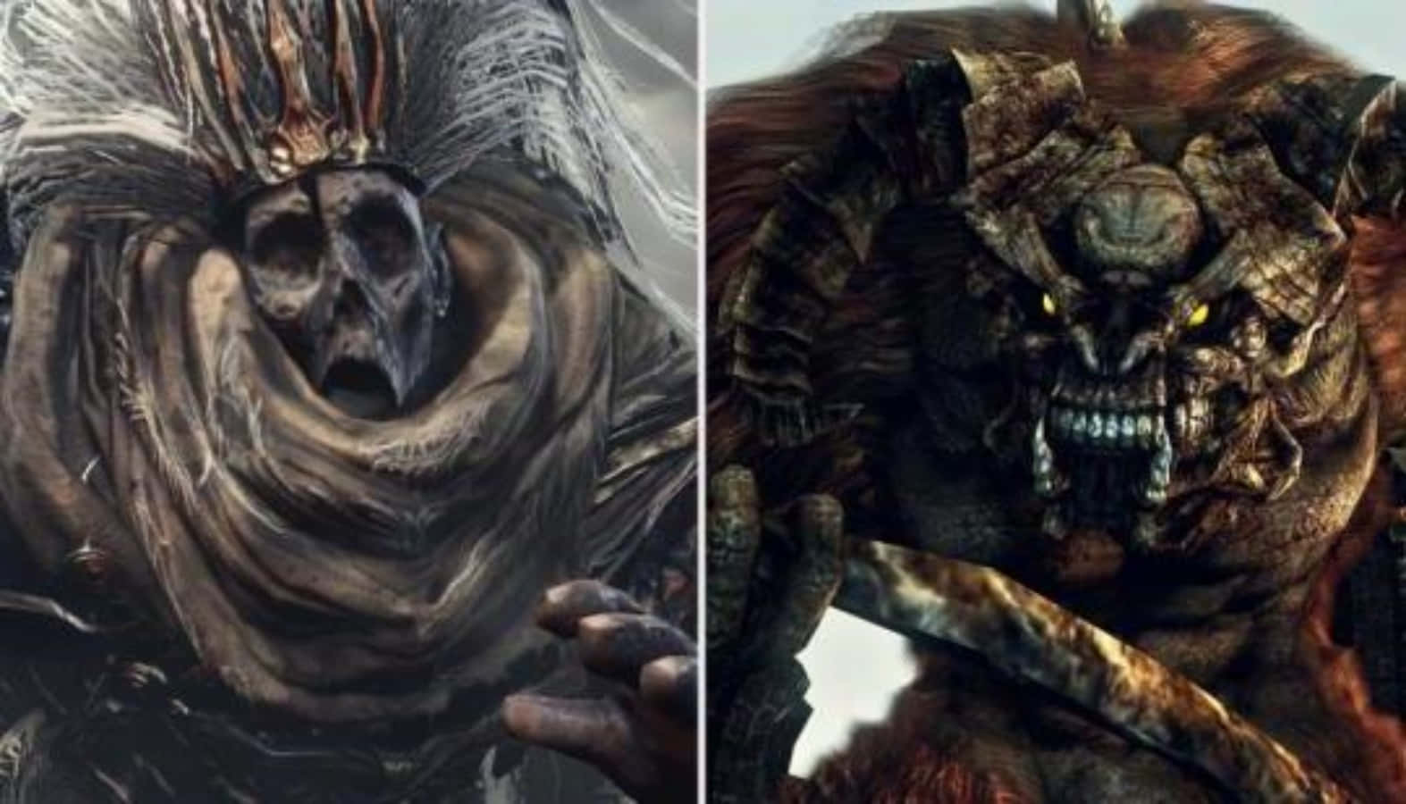 Dark Souls Bosses 桌布 壁紙 — 兩個怪誕的奇幻怪物，一個有骷髏臉和破爛斗篷，另一個是擁有發光黃色眼睛和鋸齒狀牙齒的龐大野獸。