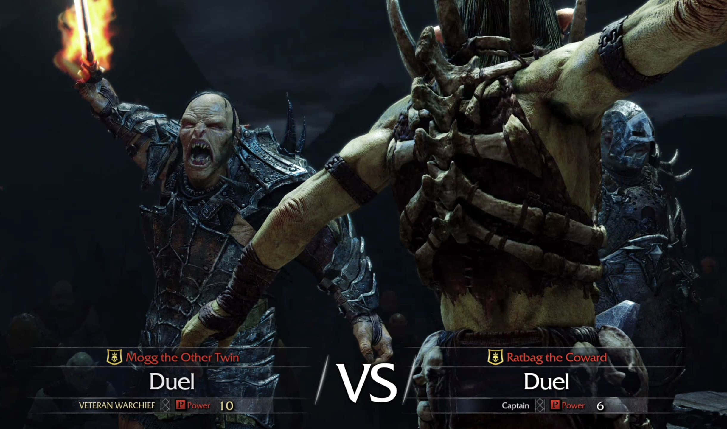 2440x1440 Shadow Of Mordor 桌布 壁紙 — 兩個怪誕的奇幻戰士在黑暗的競技場中衝突，一個揮舞著燃燒的火把，另一個擁有骷髏手臂。