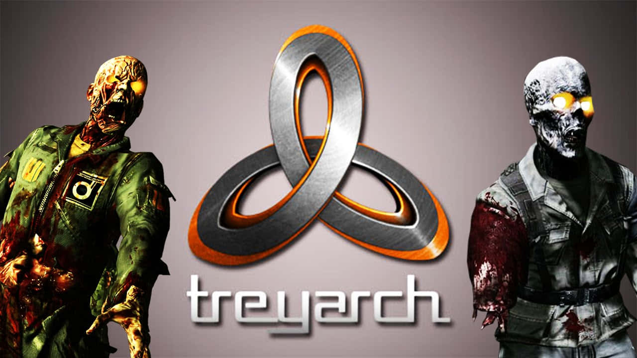 Treyarch 桌布 壁紙 — 兩個怪誕的殭屍士兵在灰色背景上夾著一個金屬 treyarch 標誌。