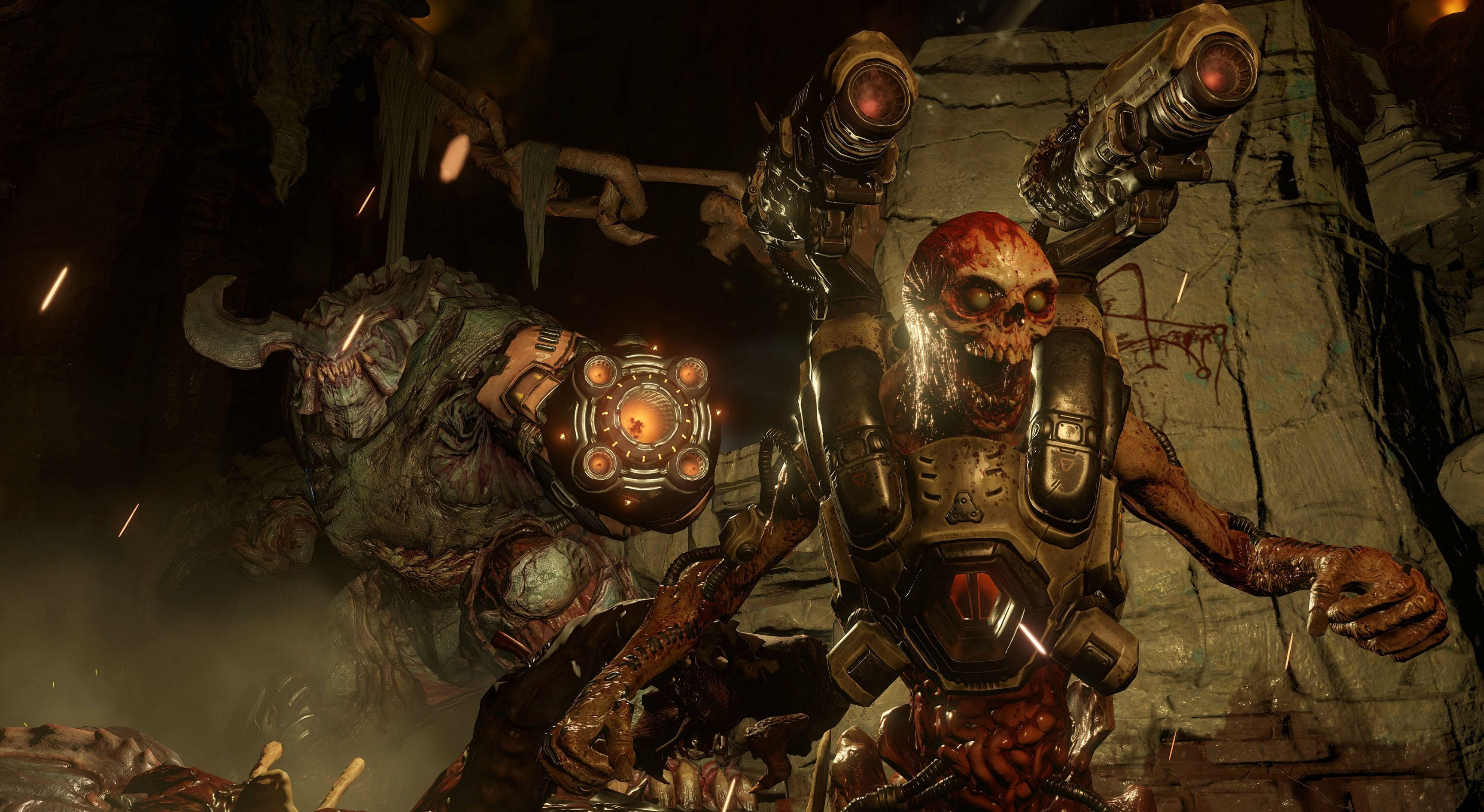 doom HD 桌布 壁紙 — 兩個怪誕的生物機械怪物，手持發光武器，器官外露，在黑暗、骯髒的地牢中衝突。