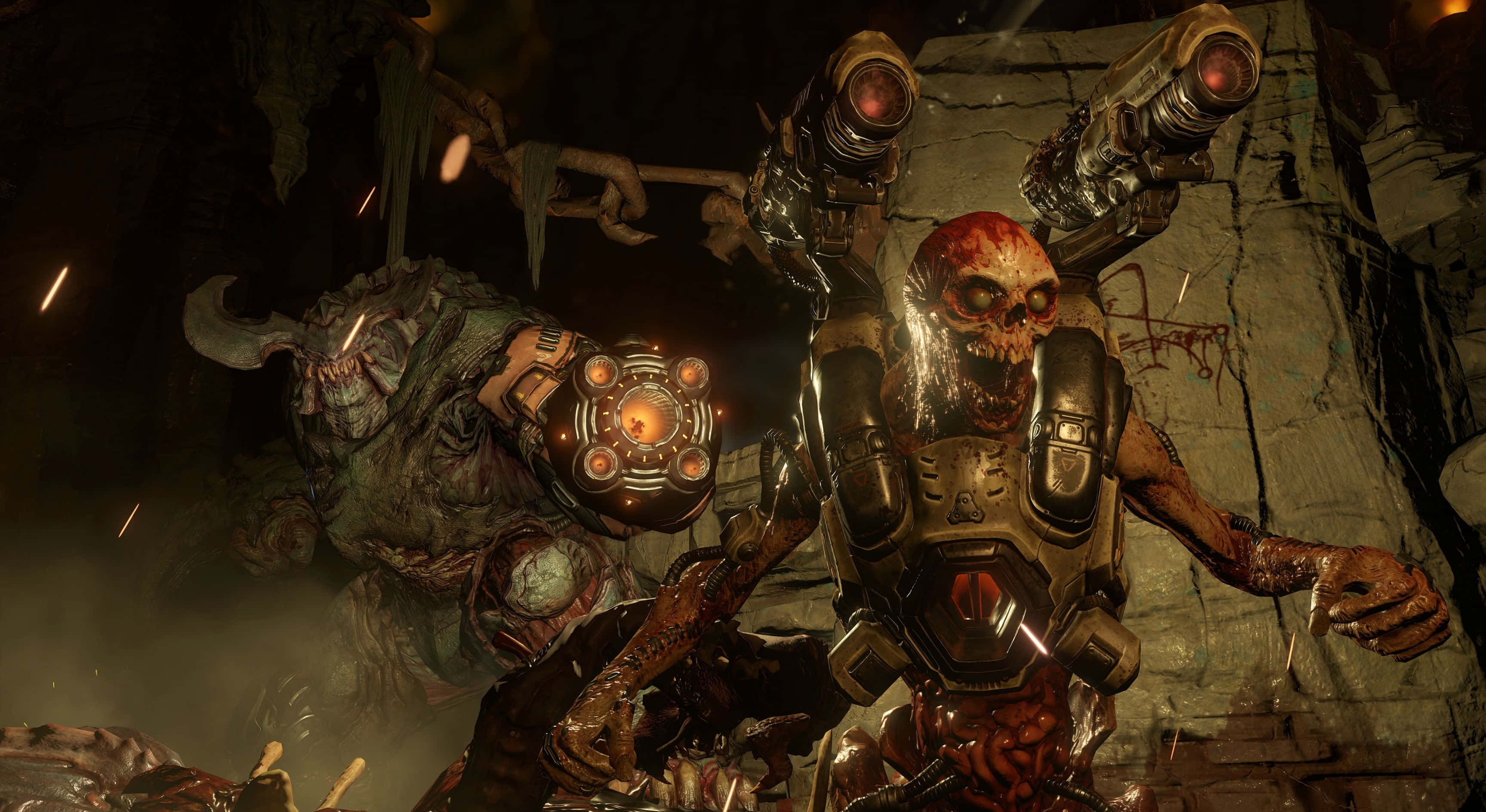 Doom 2016 桌布 壁紙 — 兩個怪誕的生物機械怪物，擁有發光的眼睛和武器，威嚇地站在一個黑暗、骯髒的地牢中。