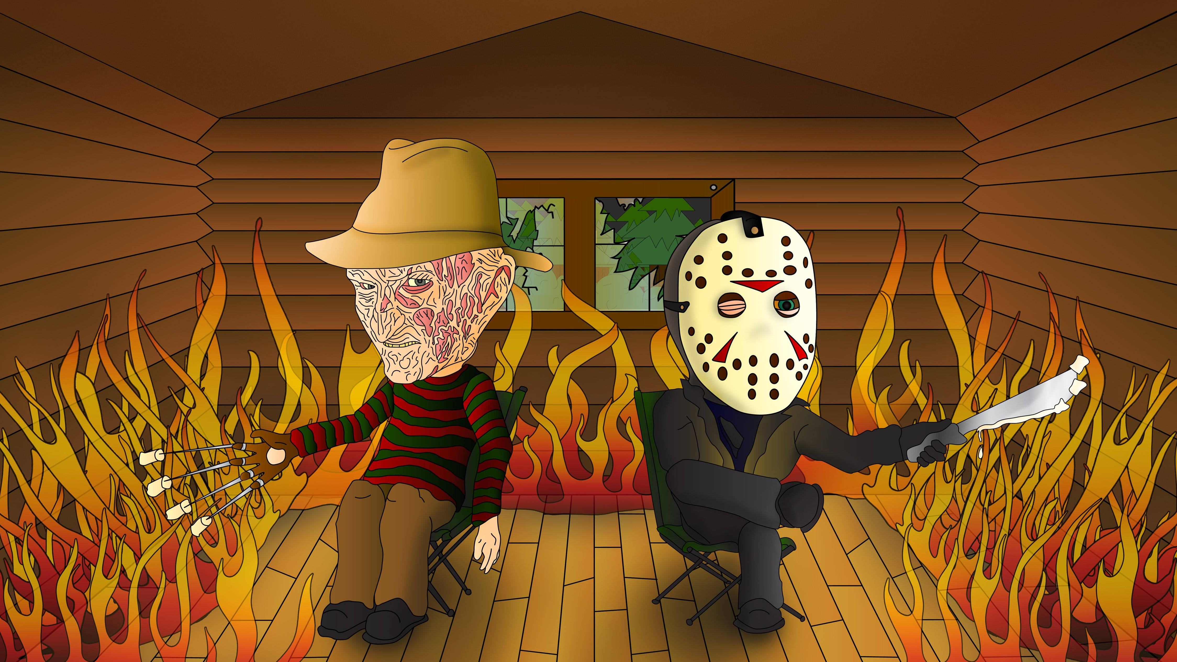 Freddy 桌布 壁紙 — 兩個恐怖偶像 Freddy Krueger 和 Jason Voorhees 平靜地坐在木屋內被火焰包圍的椅子上。