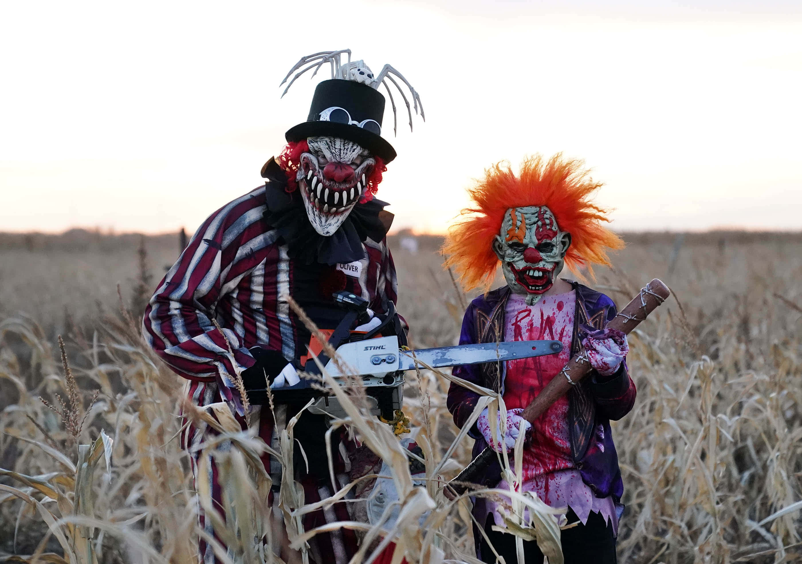 Haunted Corn Mazes 桌布 壁紙 — 兩個恐怖小丑手持電鋸，在黃昏時分的乾燥玉米田裡威脅性地站著。