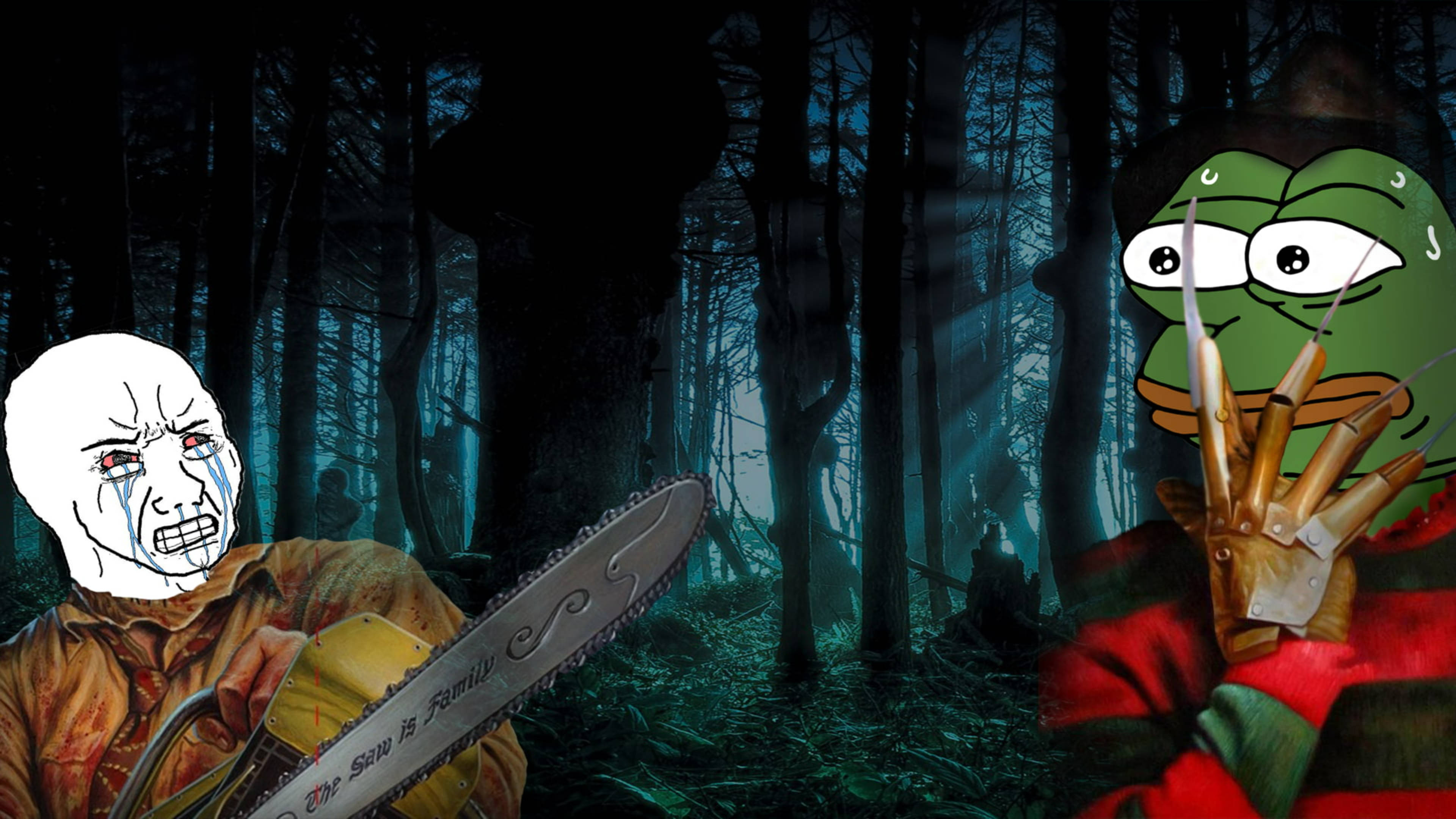 Leatherface 桌布 壁紙 — 兩個恐怖標誌性角色在黑暗迷霧森林中對峙，一個拿著電鋸，另一個戴著手套和刀。