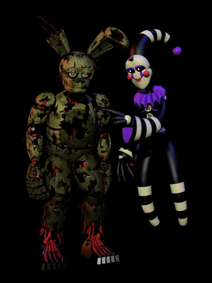 Scraptrap 桌布 壁紙 — 兩個恐怖電子動畫，一個腐爛的兔子和一個小丑，在黑色背景下威嚇地站立。