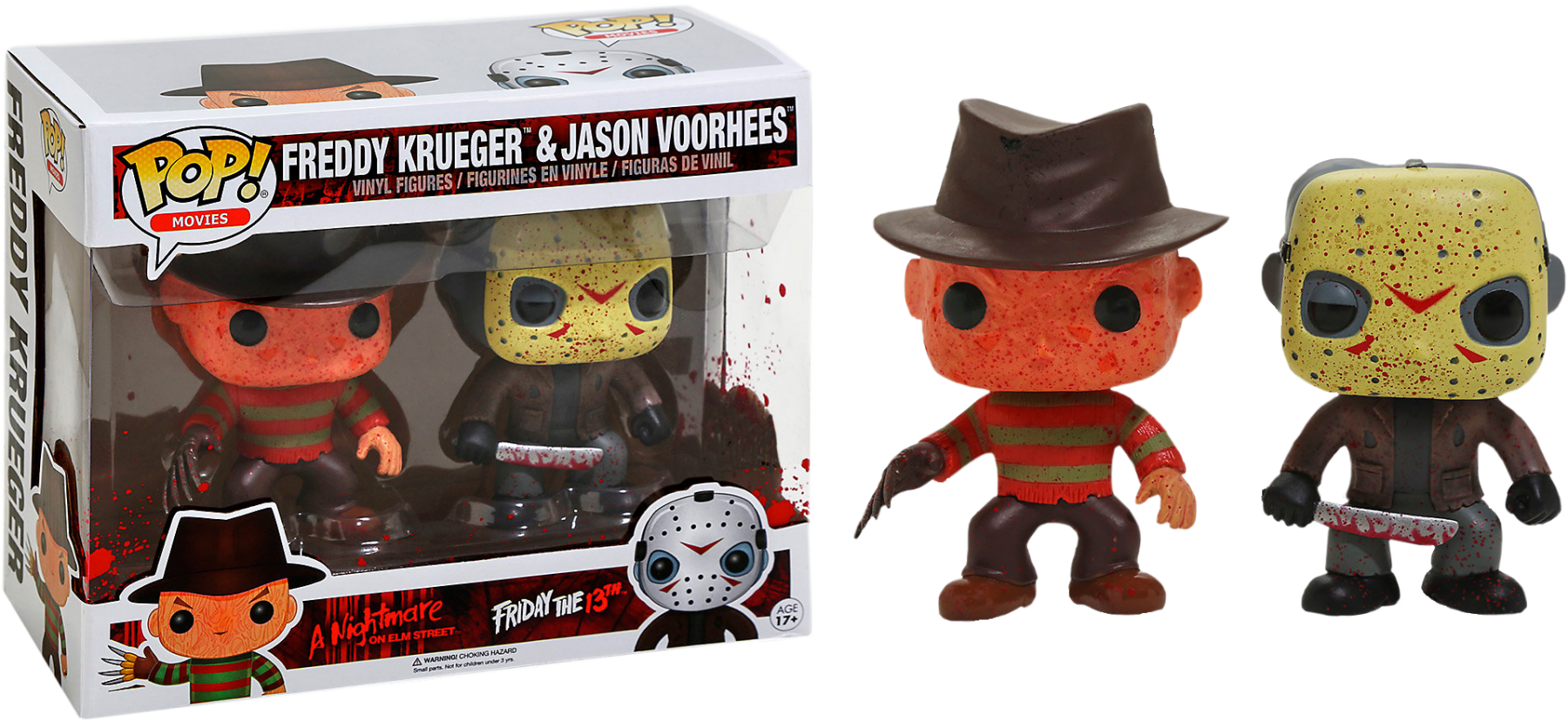 傑森·沃爾希斯 桌布 壁紙 — 兩個恐怖電影乙烯基人偶 Freddy Krueger 和 Jason Voorhees 站在他們的收藏盒旁邊，帶有血跡飛濺細節。