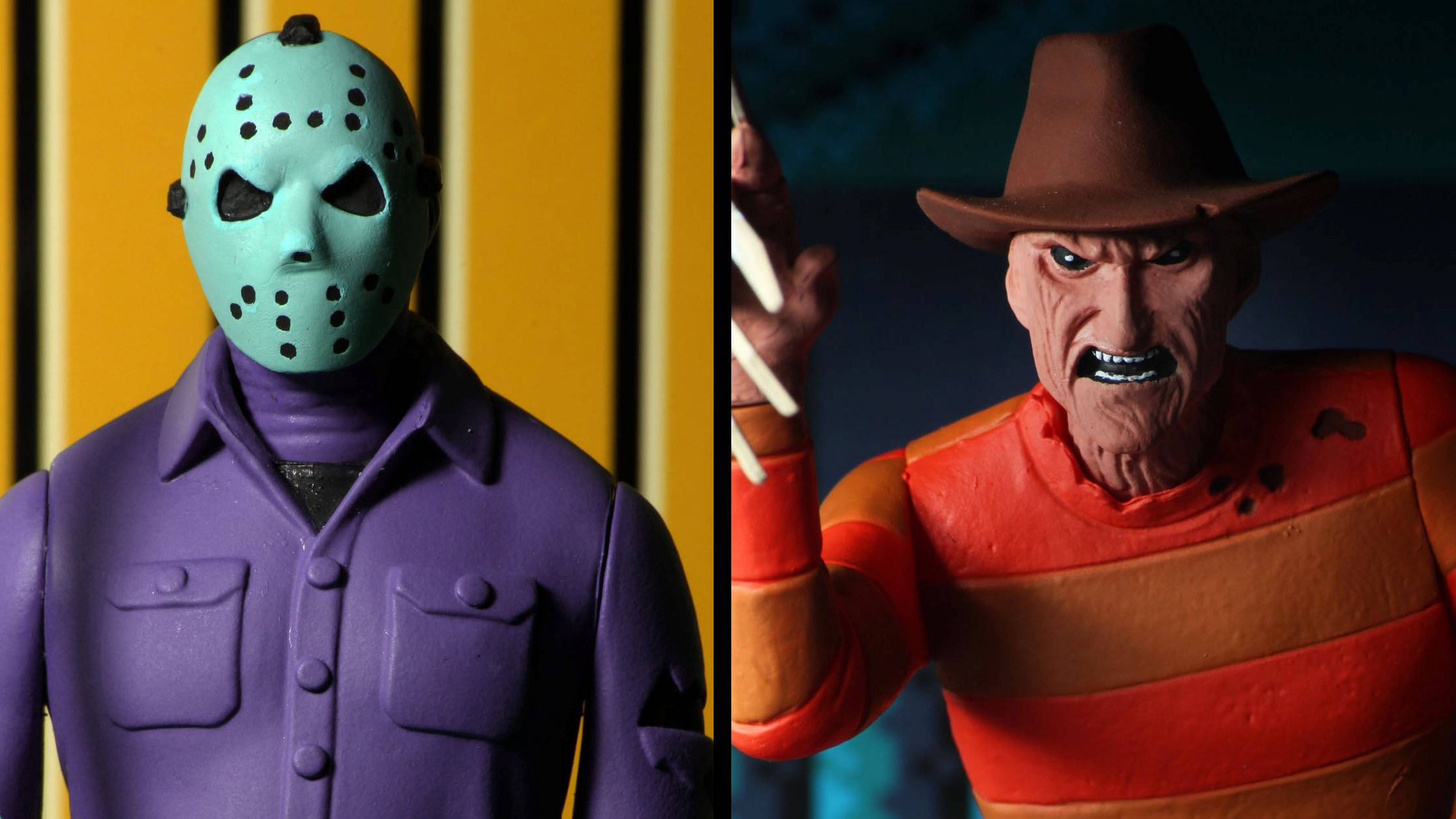 Freddy 桌布 壁紙 — 兩個恐怖電影動作人偶 Jason Voorhees 和 Freddy Krueger 並排擺姿勢，背景形成對比。