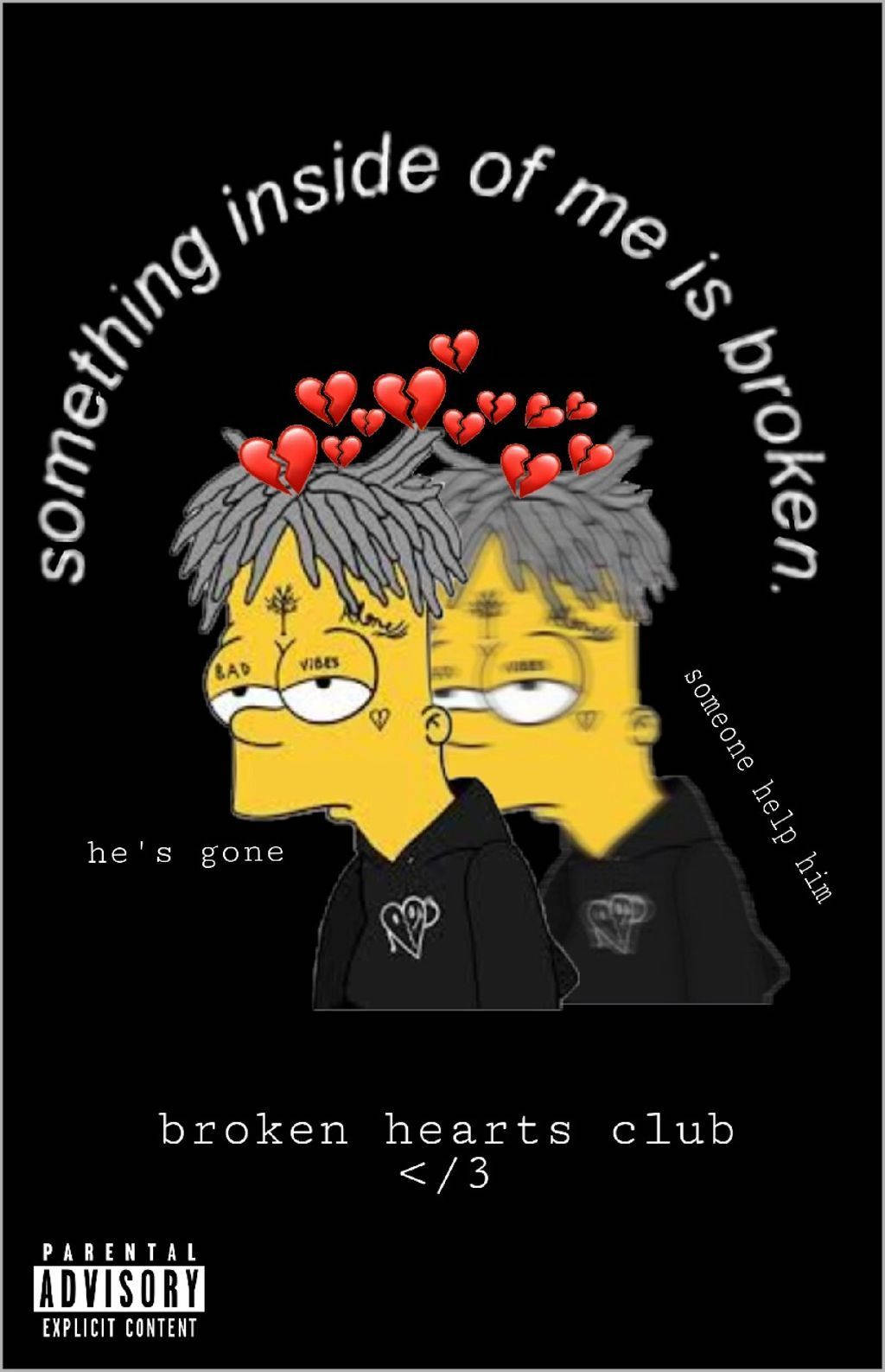 Sad Simpsons 桌布 壁紙 — 兩個悲傷的黃色卡通人物，灰色頭髮，破碎的心漂浮在他們頭上，背景為黑色。
