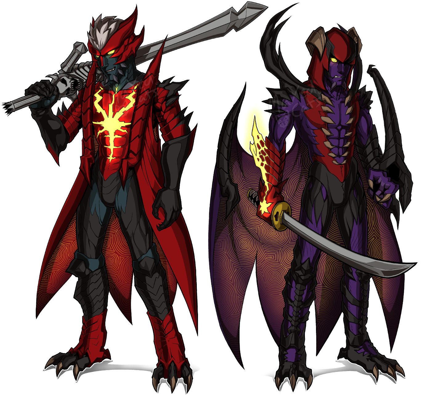 惡魔動圖 桌布 壁紙 — 兩個惡魔般的動漫戰士準備戰鬥，一個身穿紅色，胸前有發光的黃色標誌，另一個身穿紫色，揮舞著火焰劍。