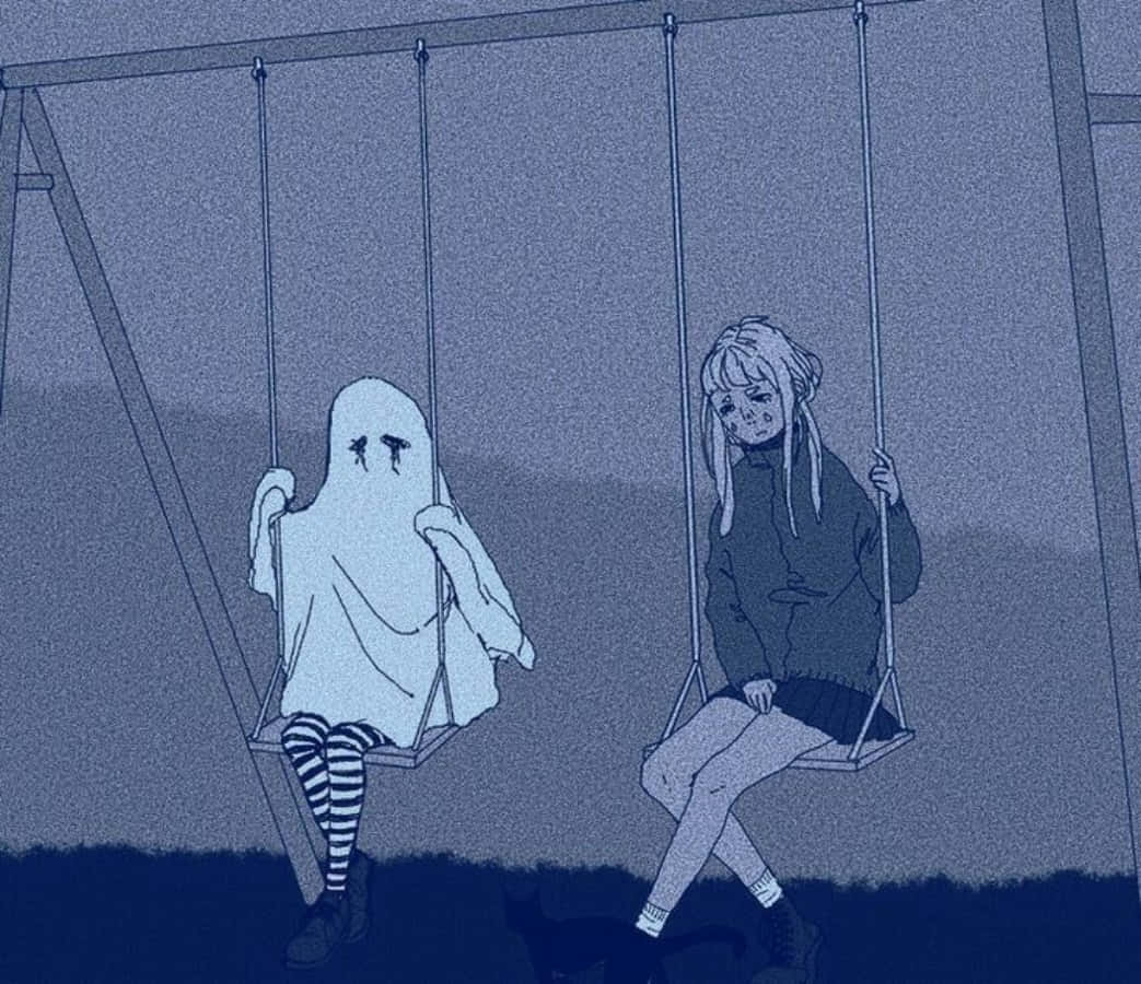 動漫女孩 桌布 壁紙 — 兩個憂鬱的身影獨自坐在鞦韆上，背景是陰沉的黃昏天空，一個是幽靈，一個是人類，兩者都傳達出無聲的悲傷。