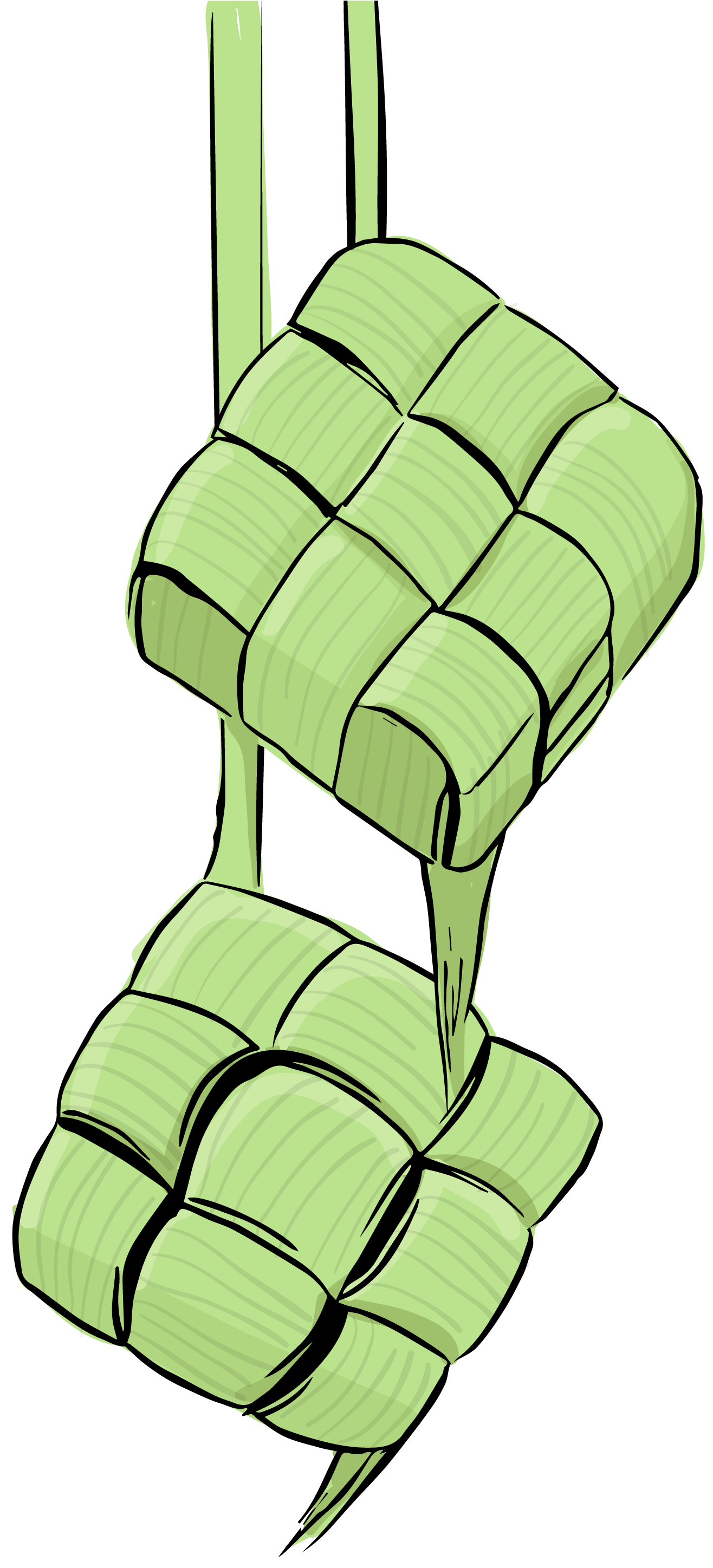 Ketupat 桌布 壁紙 — 兩個懸掛的綠色ketupat糯米糰，帶有編織紋理和白色輪廓，背景為黑色。