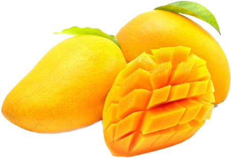 Fruits 桌布 壁紙 — 兩個成熟的芒果，一個完整帶綠葉，另一個切成網格狀，露出多汁的橙色果肉。