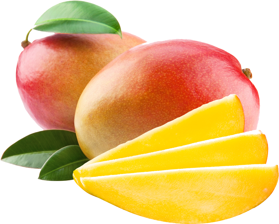 Mangoes 桌布 壁紙 — 兩個成熟的芒果配以綠葉和三片多汁的黃色切片，排列在黑色背景上。