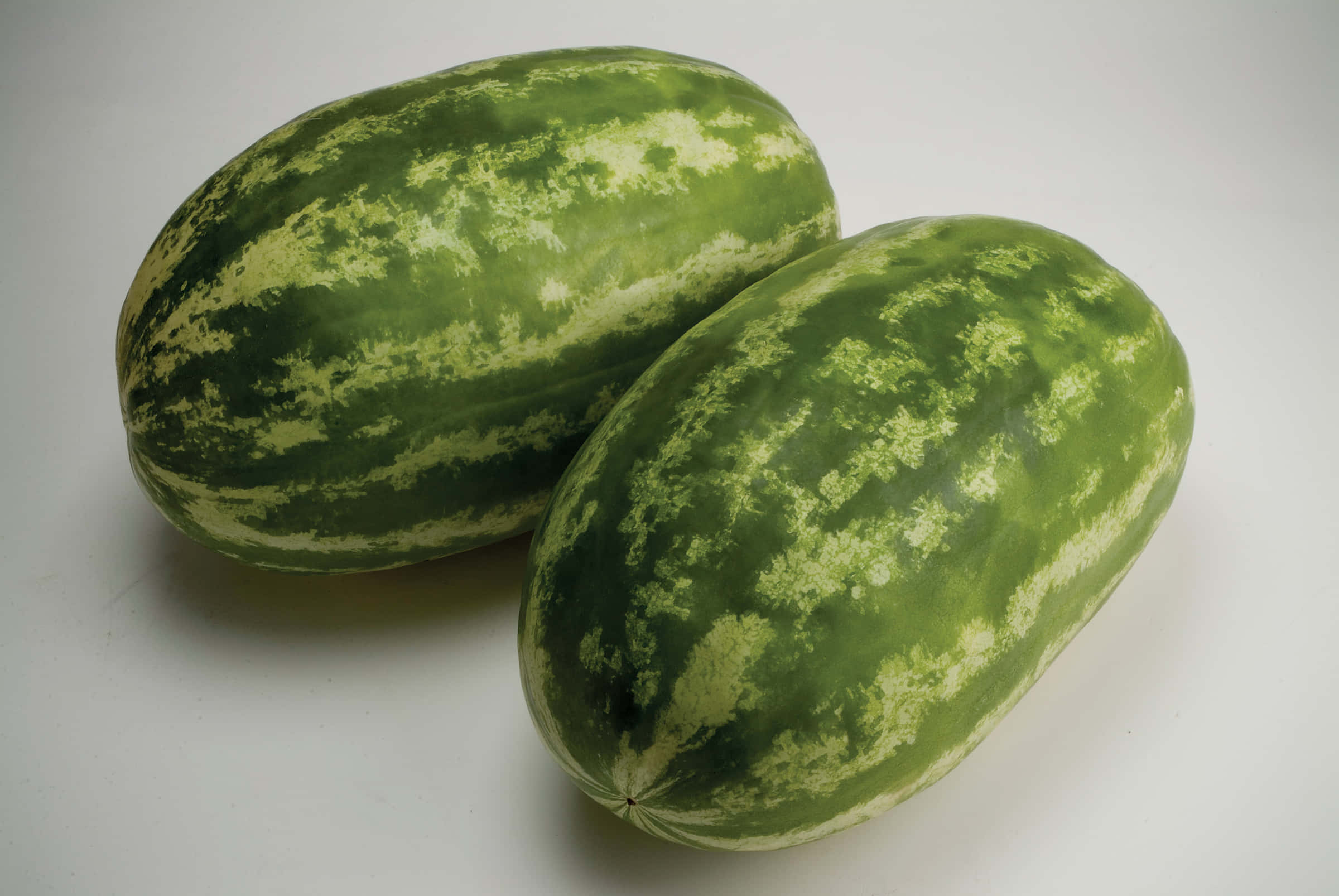 Watermelon 桌布 壁紙 — 兩個成熟的西瓜，帶有斑駁的綠色外皮，在柔和的攝影棚燈光下放置在純白色表面上。