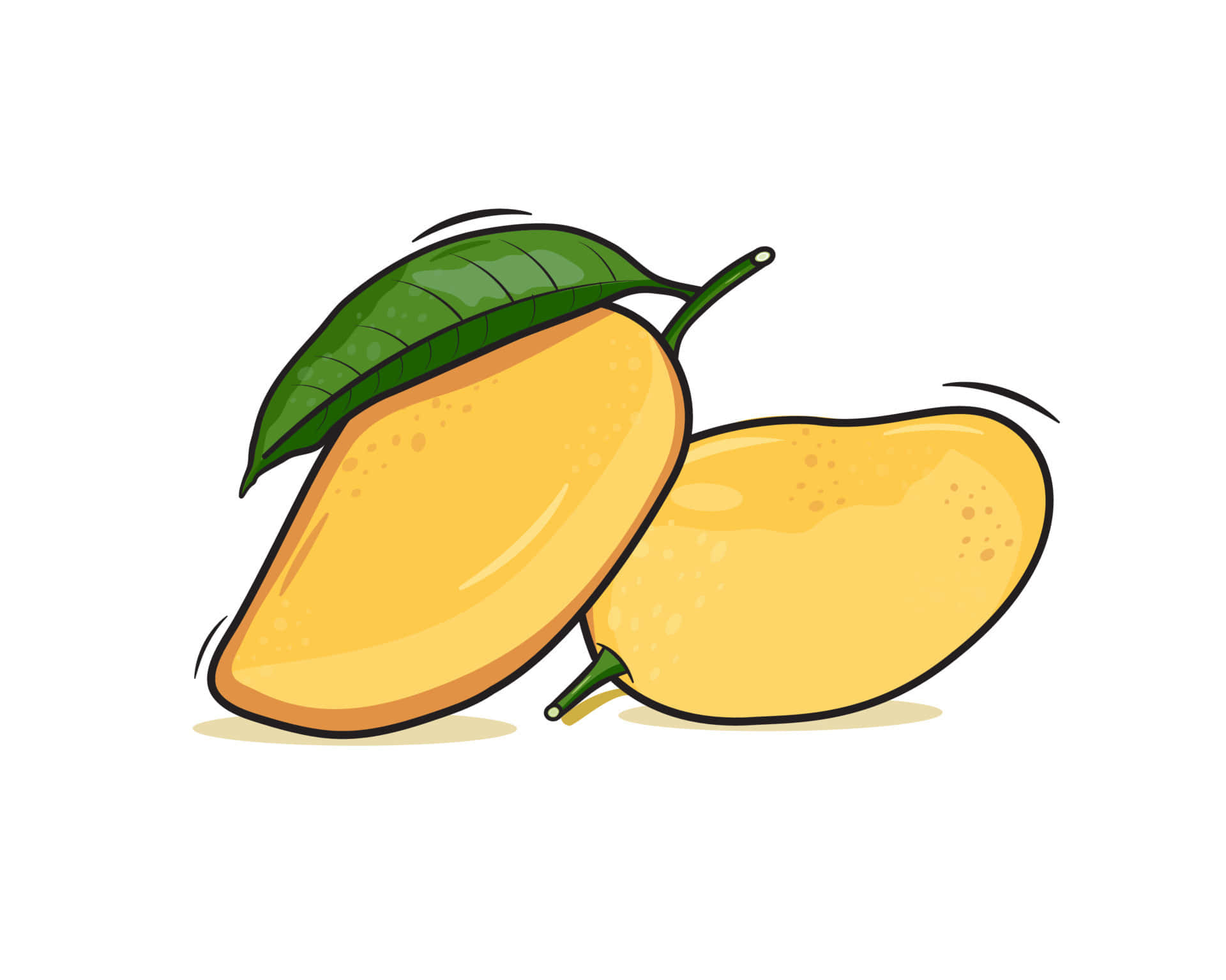 Mango 桌布 壁紙 — 兩個成熟的黃色芒果，帶有綠色葉子，以乾淨的卡通風格繪製在白色背景上。