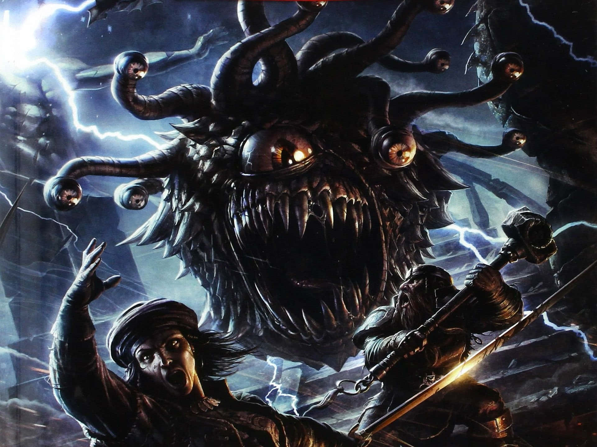 Dark Realm 桌布 壁紙 — 兩個戰士在暴風閃電中面對一隻多眼怪物，處於黑暗奇幻戰鬥場景。