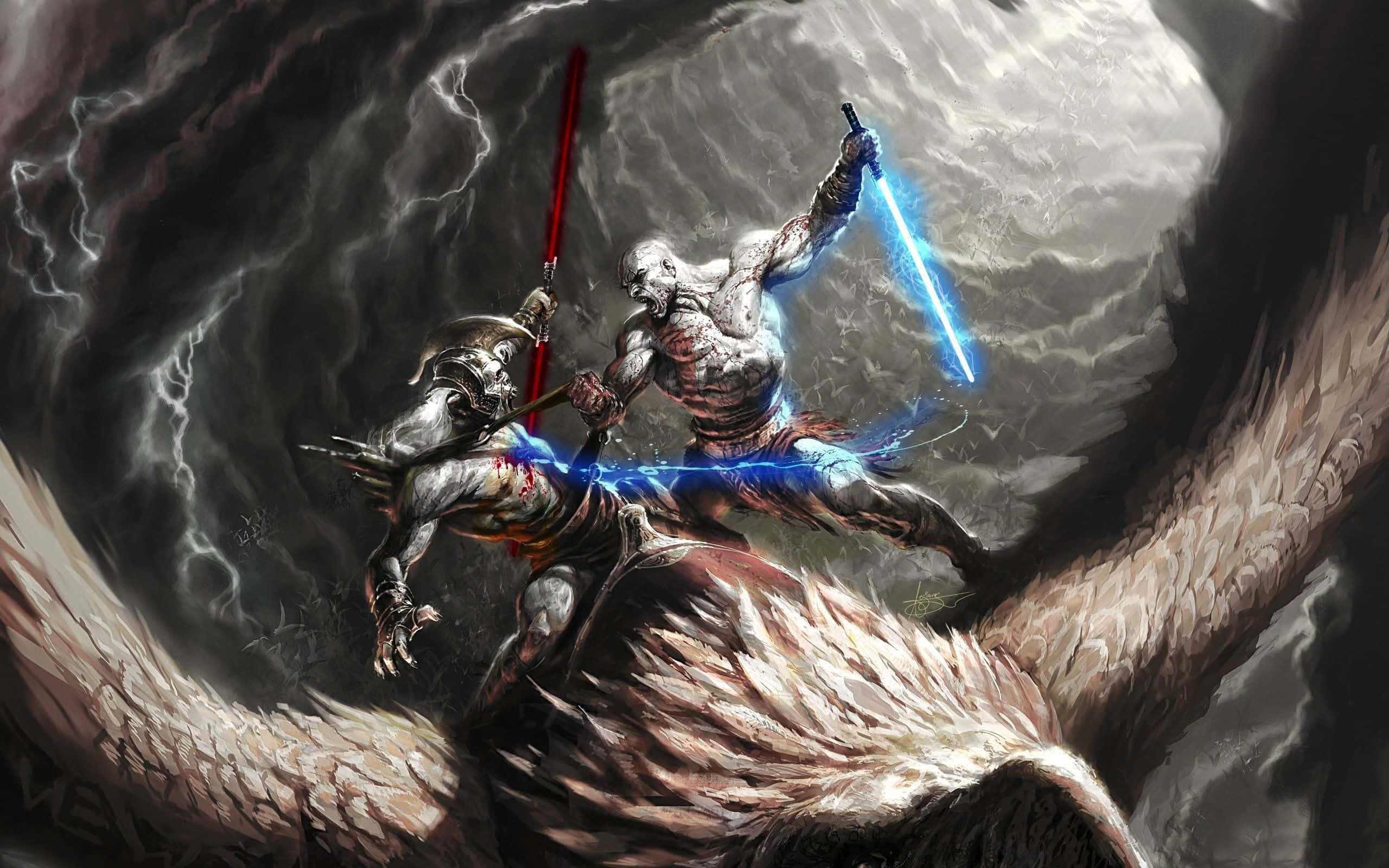 God Of War 3 桌布 壁紙 — 兩個戰士在暴風雨的天空中，在一隻巨大的有翼生物上揮舞著紅色和藍色的能量劍互相碰撞。