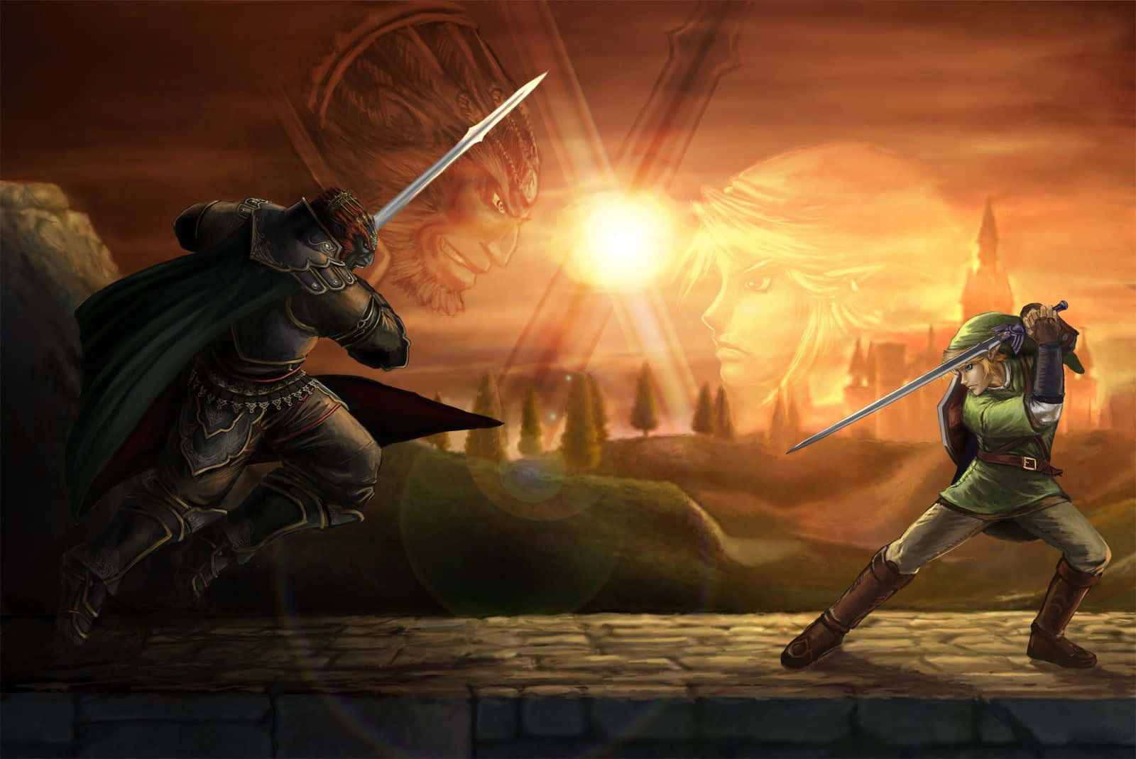 Ganondorf 桌布 壁紙 — 兩個戰士在石橋上交劍，一個巨大的面孔在熾熱橙色天空中的發光太陽後面隱現。