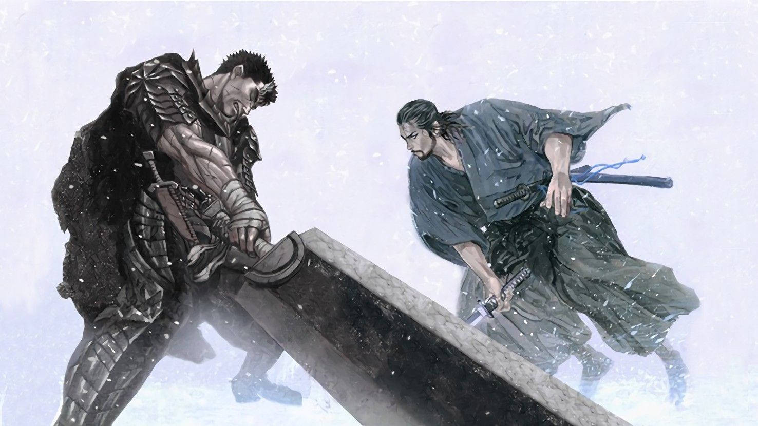 Vagabond 桌布 壁紙 — 兩個戰士在雪地戰鬥中碰撞，一個穿著暗色盔甲，另一個穿著飄逸長袍，在飄雪中。