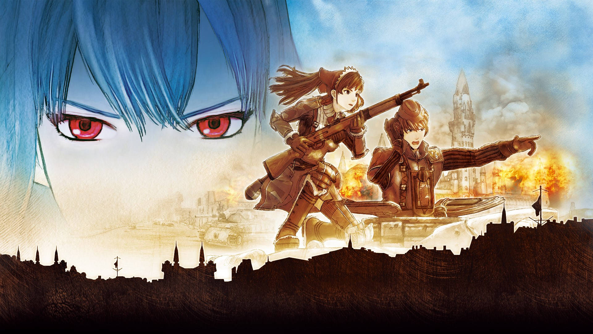 Valkyria Chronicles 桌布 壁紙 — 兩個戰士在風暴天空下燃燒的城市景觀中戰鬥，由一個巨大的藍髮紅眼人物框住。