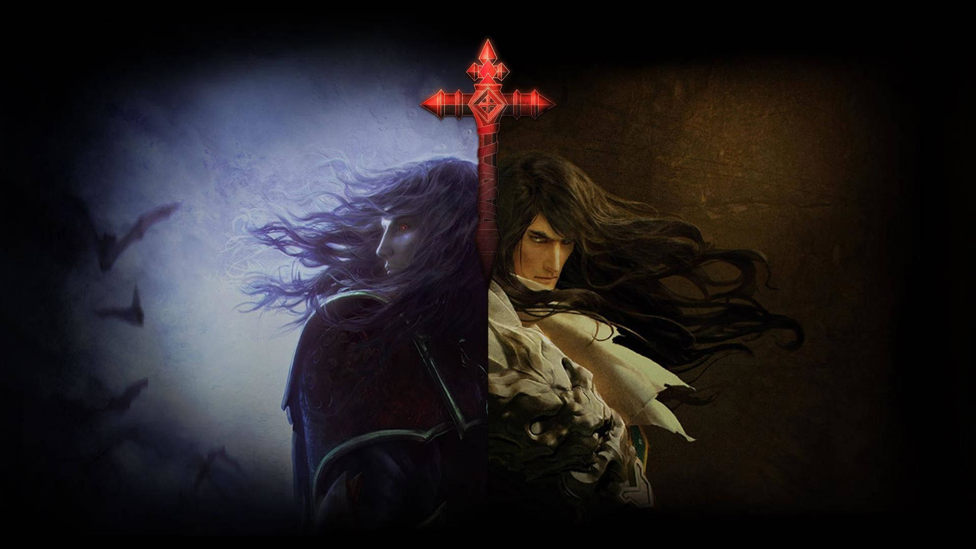 Castlevania 桌布 壁紙 — 兩個戰士對峙，一把發光的紅色劍將他們分開，背景是黑暗迷霧和飛舞的蝙蝠。